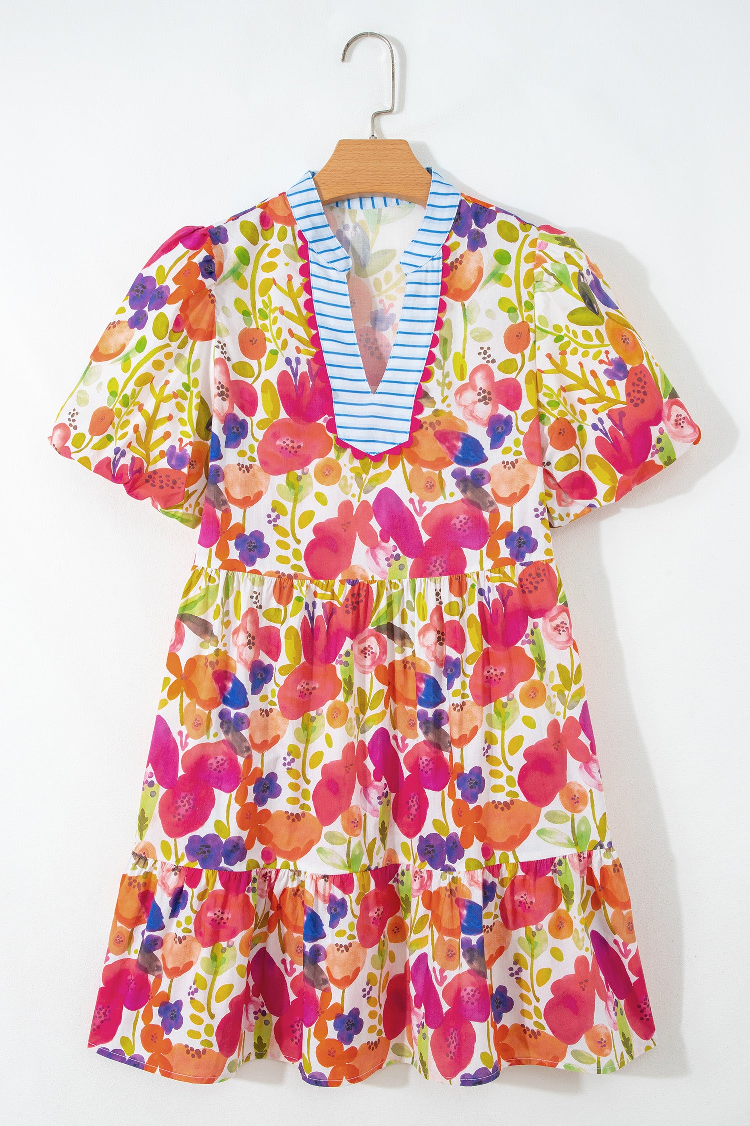 Rose Floral Ricrac Trim Striped Patchwork V Neck Mini Dress S-XL