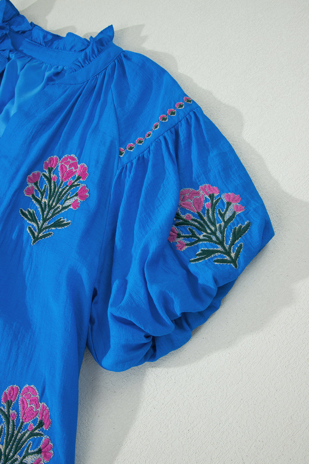 Blue Flower Embroidered Split Neck Puff Sleeve Ruffle Hem Mini Dress S-XL