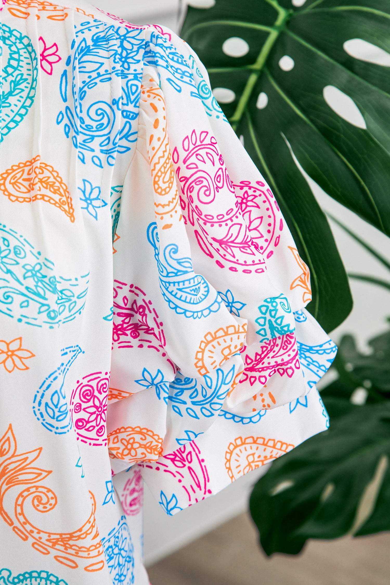 Women's Multicolour Vibrant Paisley Print Keyhole Puff Sleeve Blouse at LivelyLooks