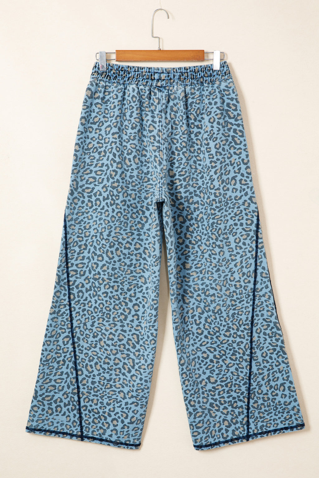 Shop Blue Leopard Print Exposed Seam Wide Leg Drawstring Jeans UK 8-20 at LivelyLooks