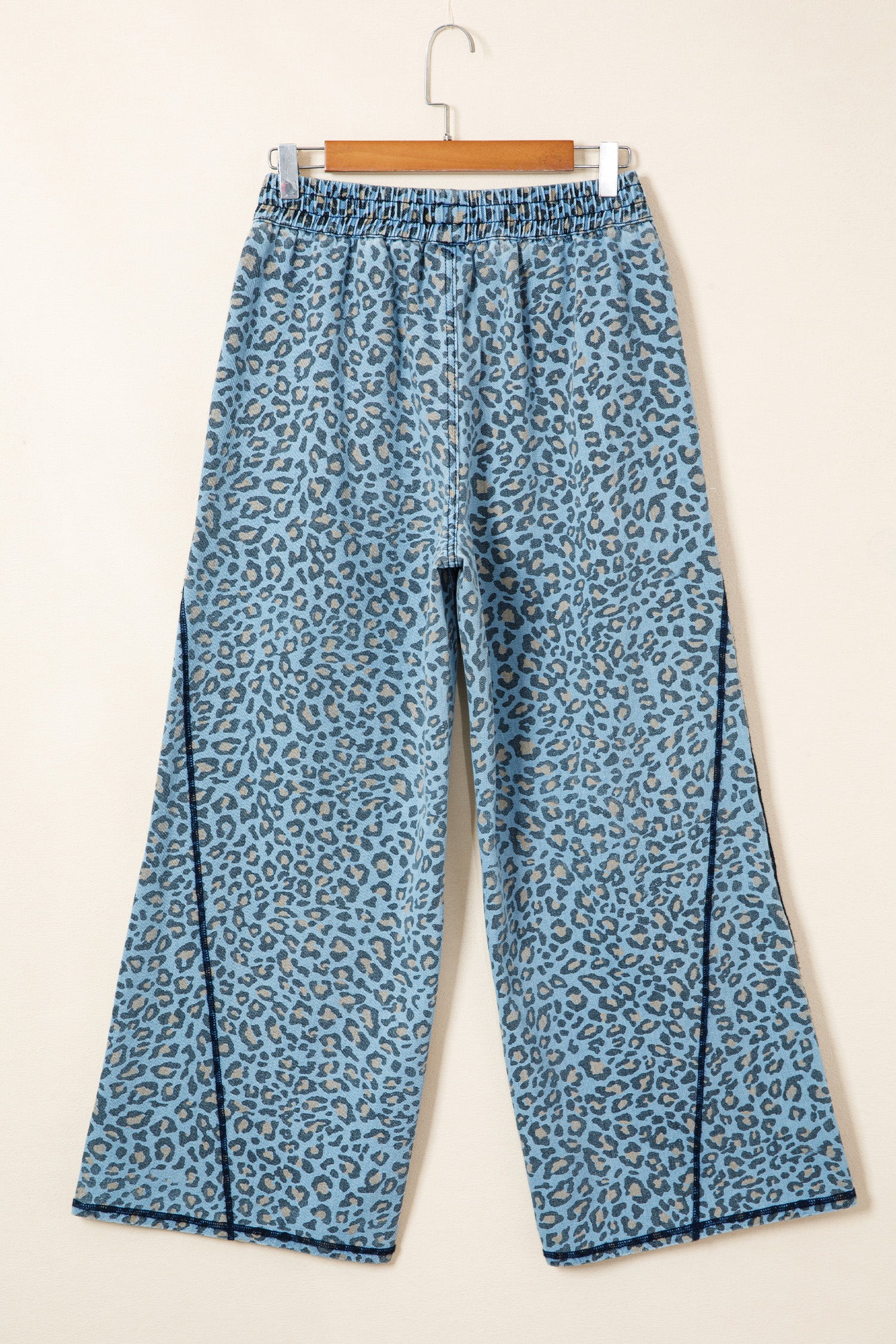 Shop Blue Leopard Print Exposed Seam Wide Leg Drawstring Jeans UK 8-20 at LivelyLooks