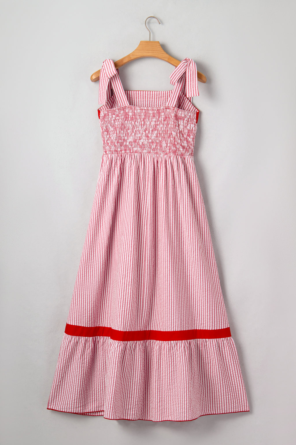 Women's Red Stripe Bow Knot Straps Contrast Trim High Waist Ruffle Maxi Dress at LivelyLooks