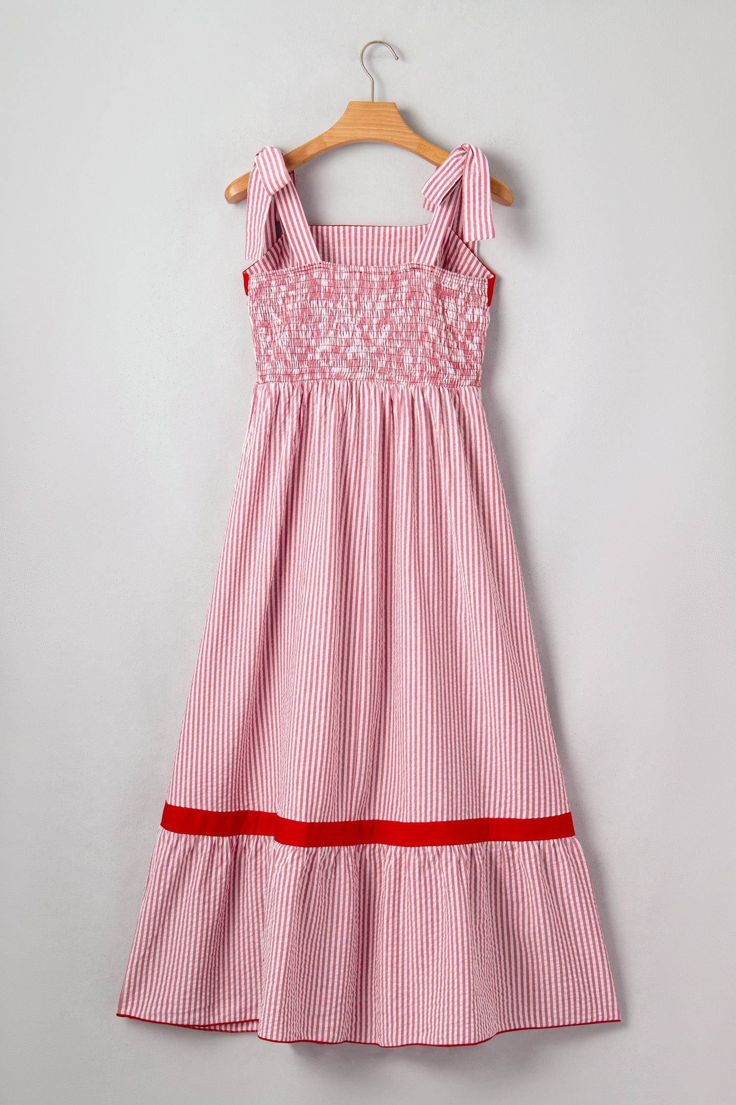 Women's Red Stripe Bow Knot Straps Contrast Trim High Waist Ruffle Maxi Dress at LivelyLooks