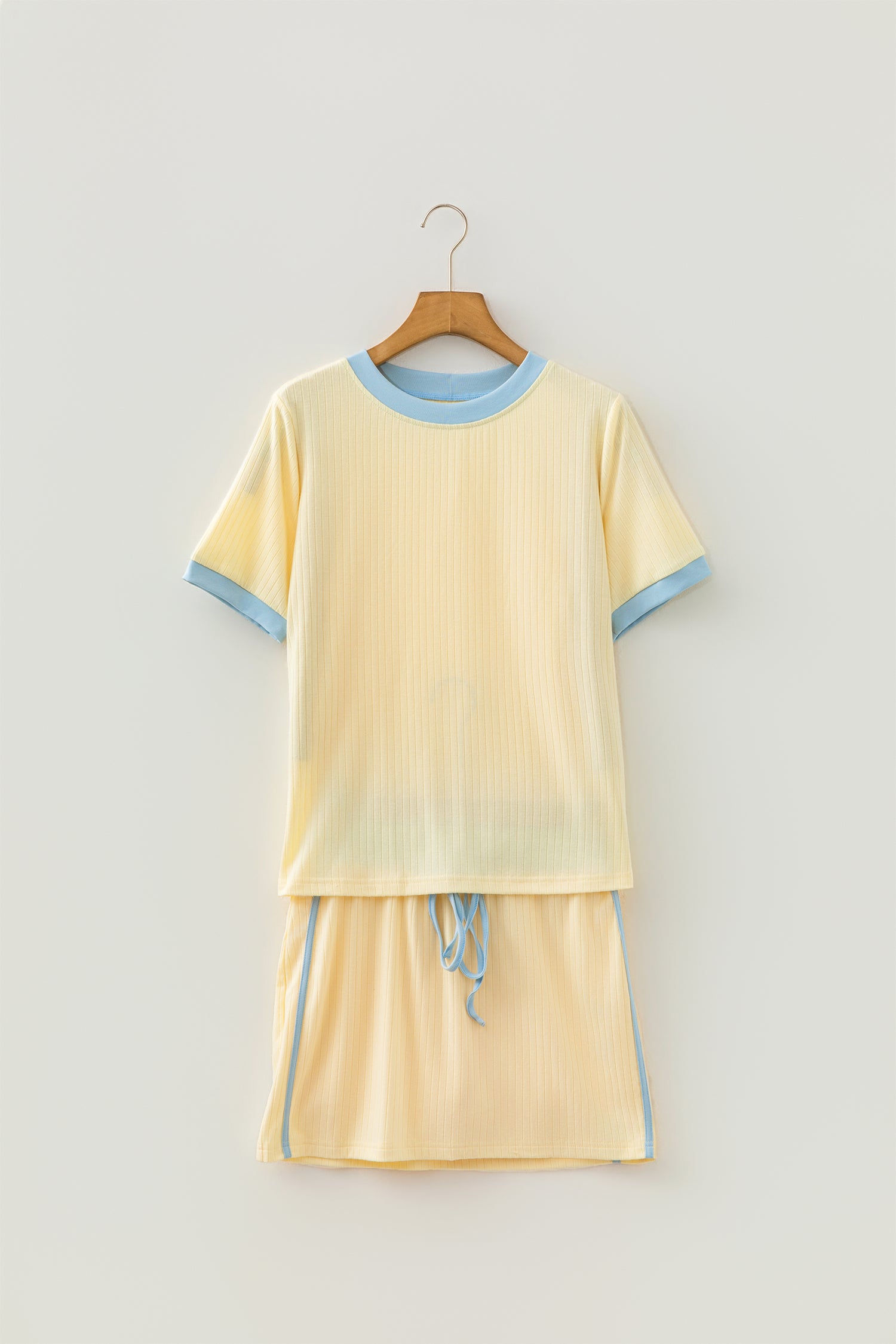 Yellow Ribbed Knit Colour Block Tee & Drawstring Skirt Set | UK 8–22