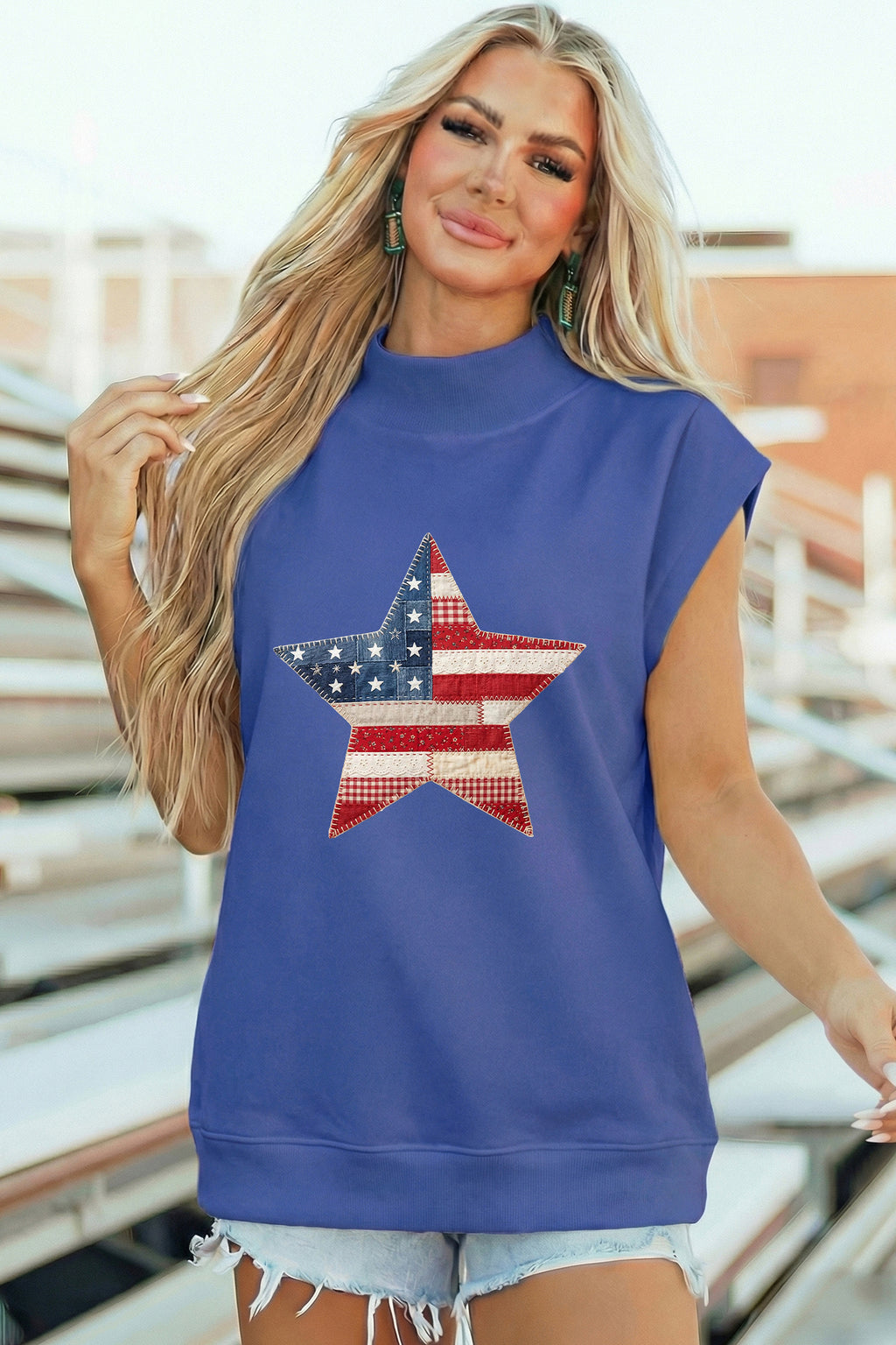 Women's Sky Blue Faux Patchwork Patriotic Star Printed High Neck Top at LivelyLooks