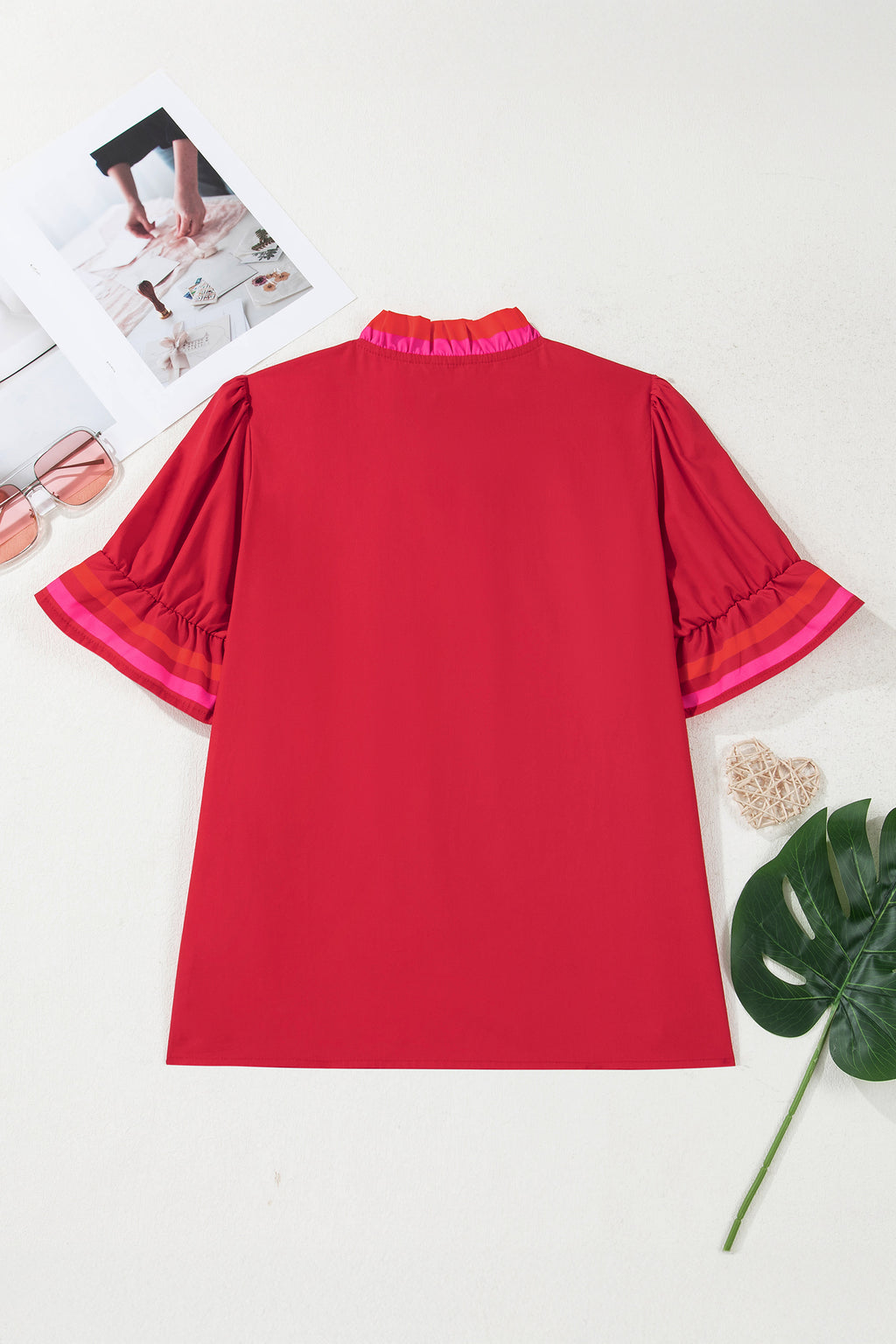 Striped Frilled Collar Ruffled Blouse Short Sleeve Green Sky Blue Fiery Red S-XL