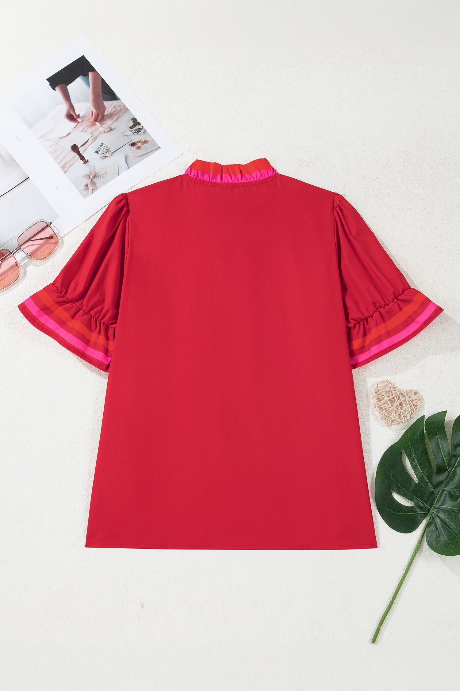 Striped Frilled Collar Ruffled Blouse Short Sleeve Green Sky Blue Fiery Red S-XL