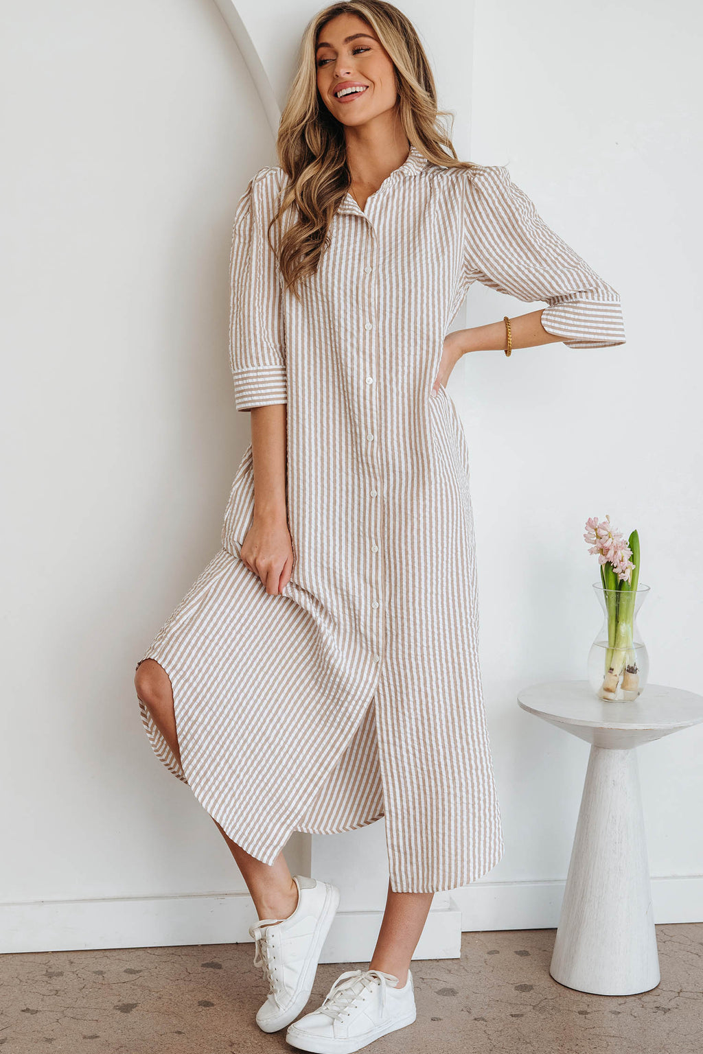 Khaki Stripe Frilled Collar Shirt Maxi Dress | Half Sleeve