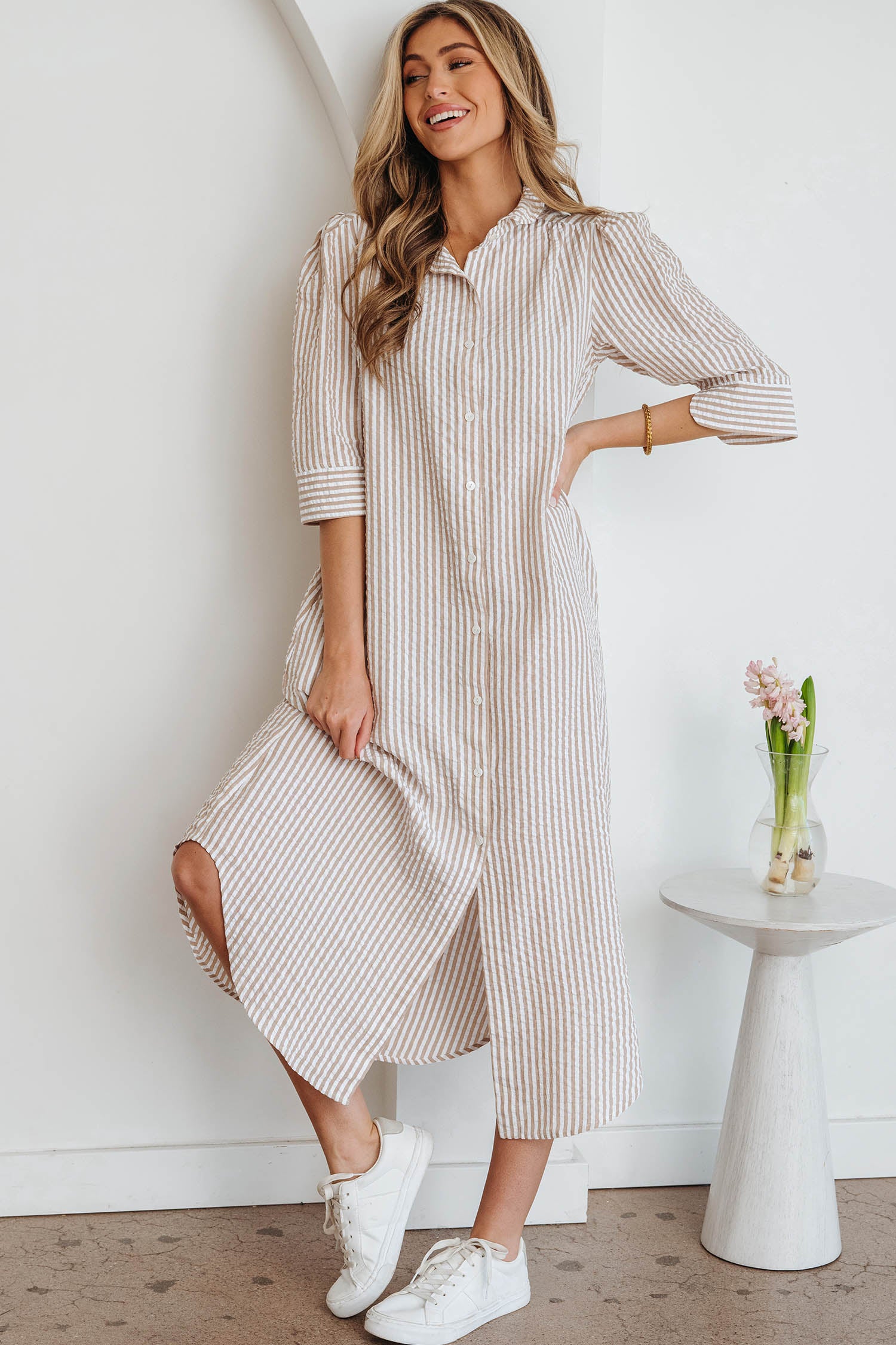 Khaki Stripe Frilled Collar Shirt Maxi Dress | Half Sleeve