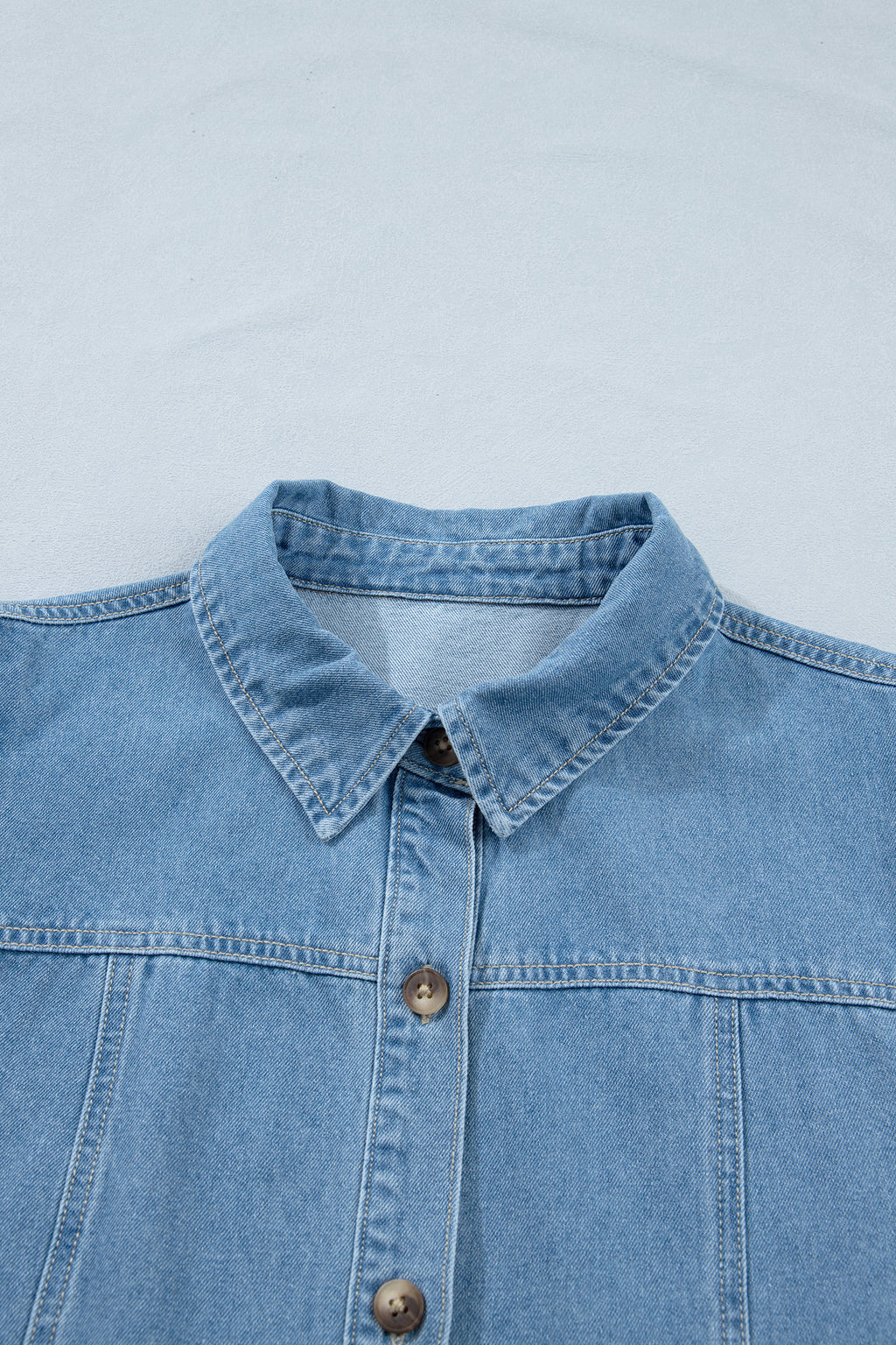Blue Patchwork Denim Mini Dress Button Down Puff Sleeve Ruffle Hem