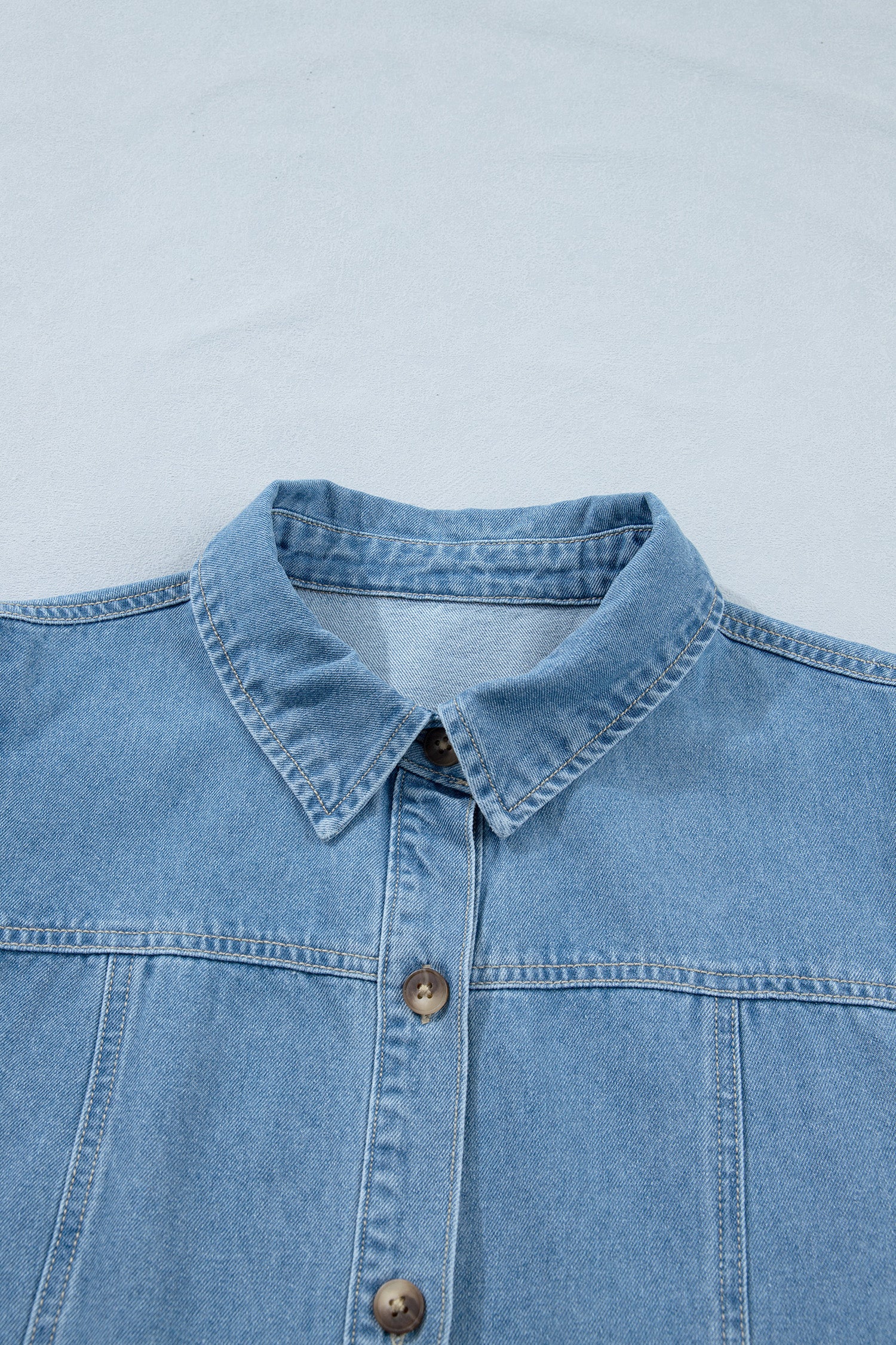Blue Patchwork Denim Mini Dress Button Down Puff Sleeve Ruffle Hem