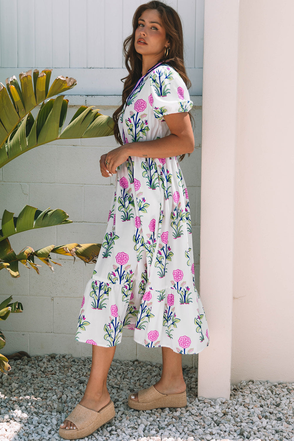 Women's Sky Blue Floral Puff Short Sleeve V Neck High Waist Maxi Dress at LivelyLooks