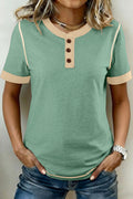 Colour Block Henley Tee Raw Seam Detail Buttoned Mint Green Light Grey Women S-XL
