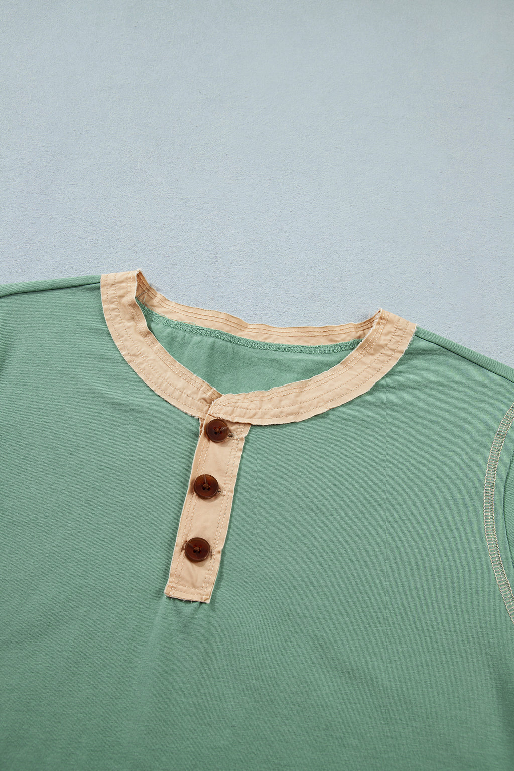Colour Block Henley Tee Raw Seam Detail Buttoned Mint Green Light Grey Women S-XL