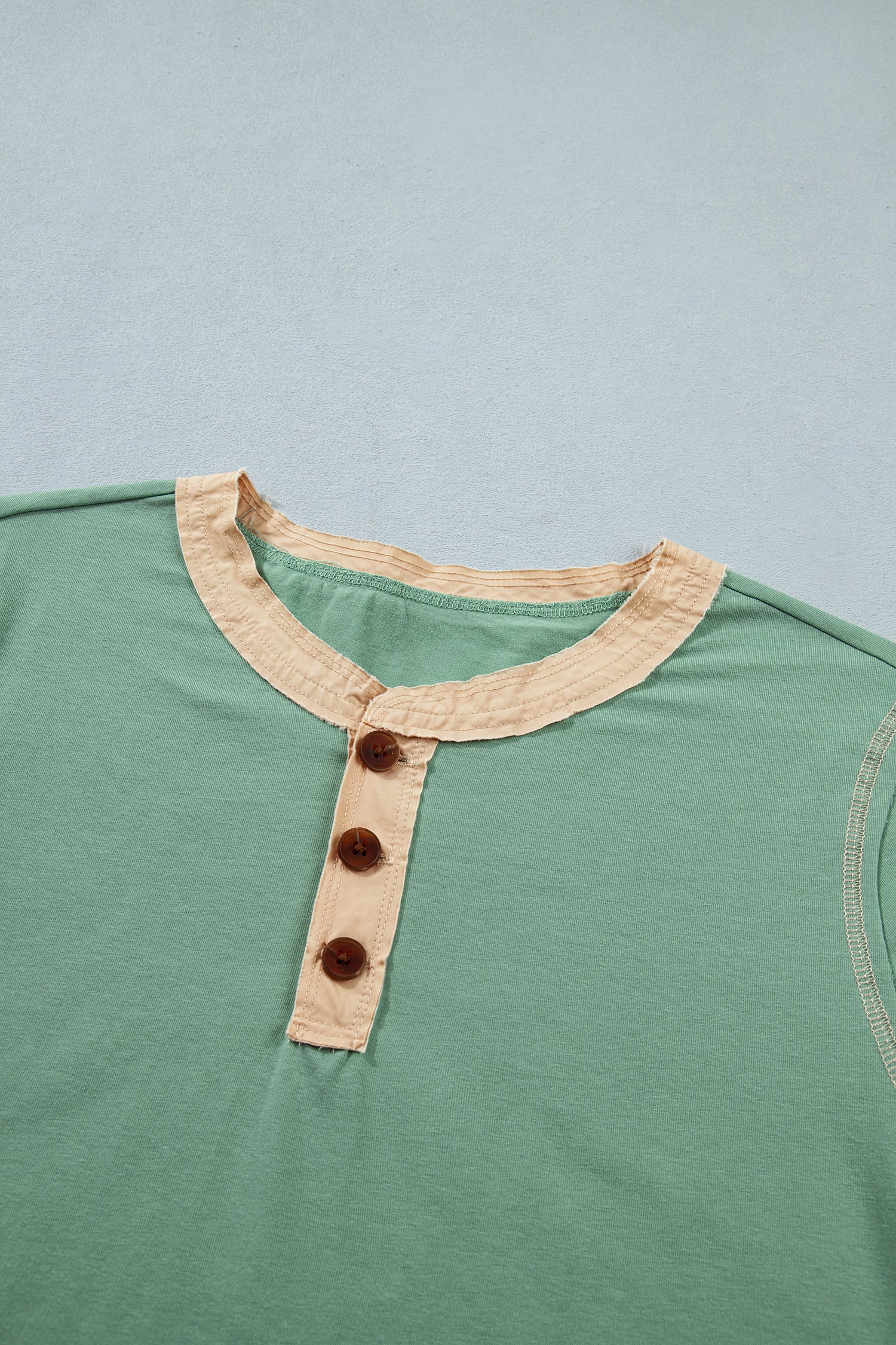 Colour Block Henley Tee Raw Seam Detail Buttoned Mint Green Light Grey Women S-XL