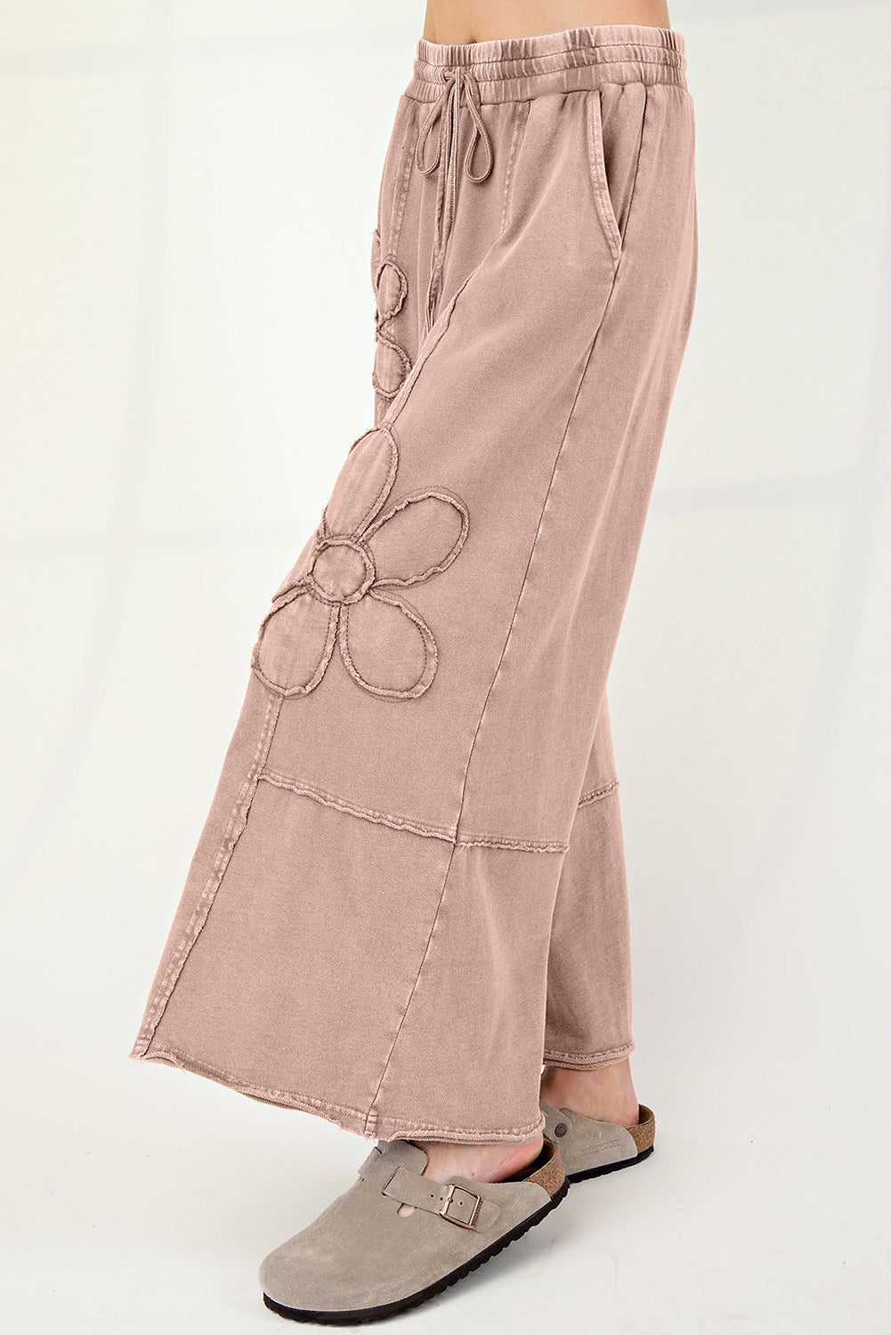 Shop Flower Patch Mineral Washed Terry Knit Cropped Wide Leg Trousers S-2XL at LivelyLooks