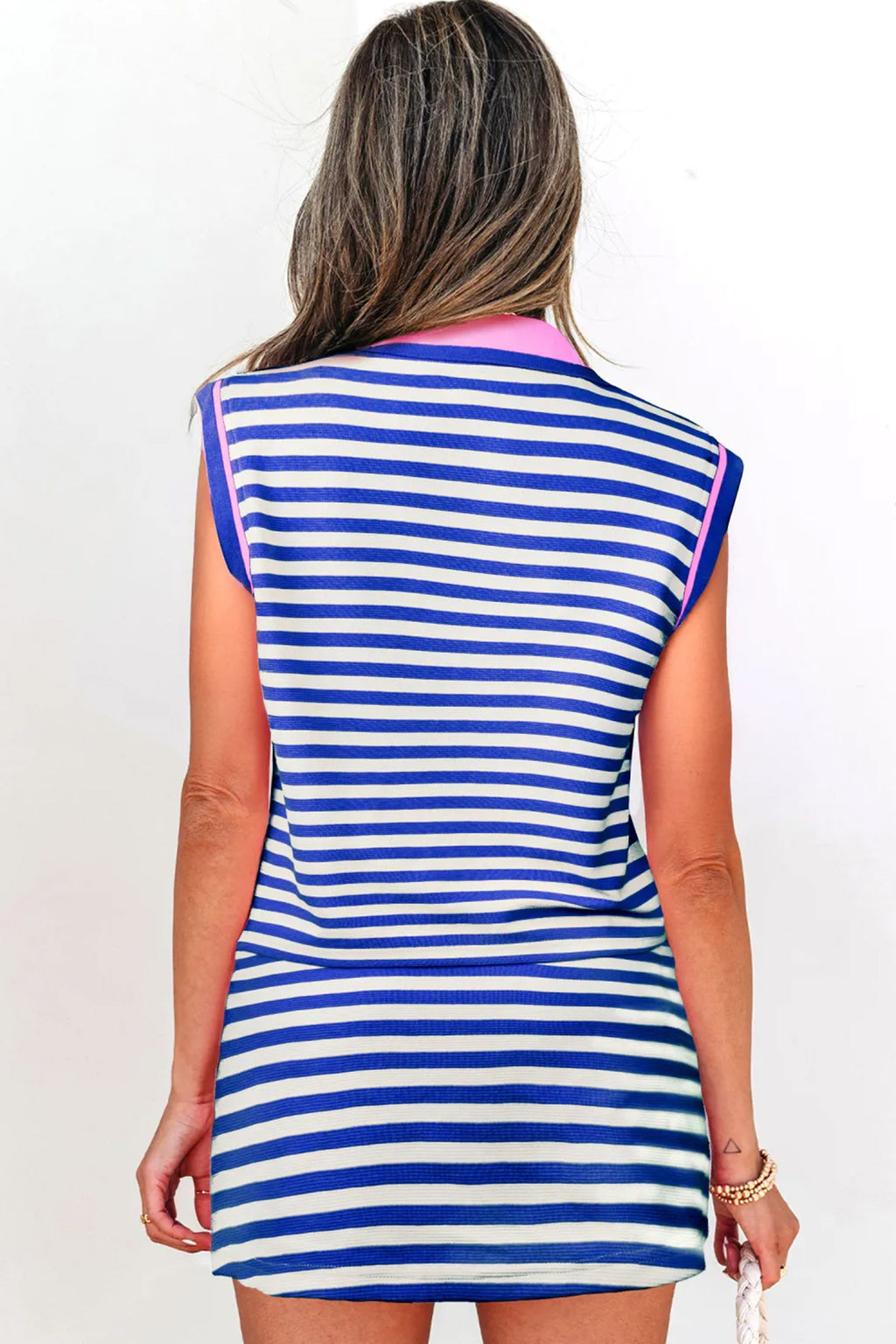 Women's Dark Blue Textured Stripe Contrast Trim Zip Collar Sleeveless 2-Piece Skort Set at LivelyLooks