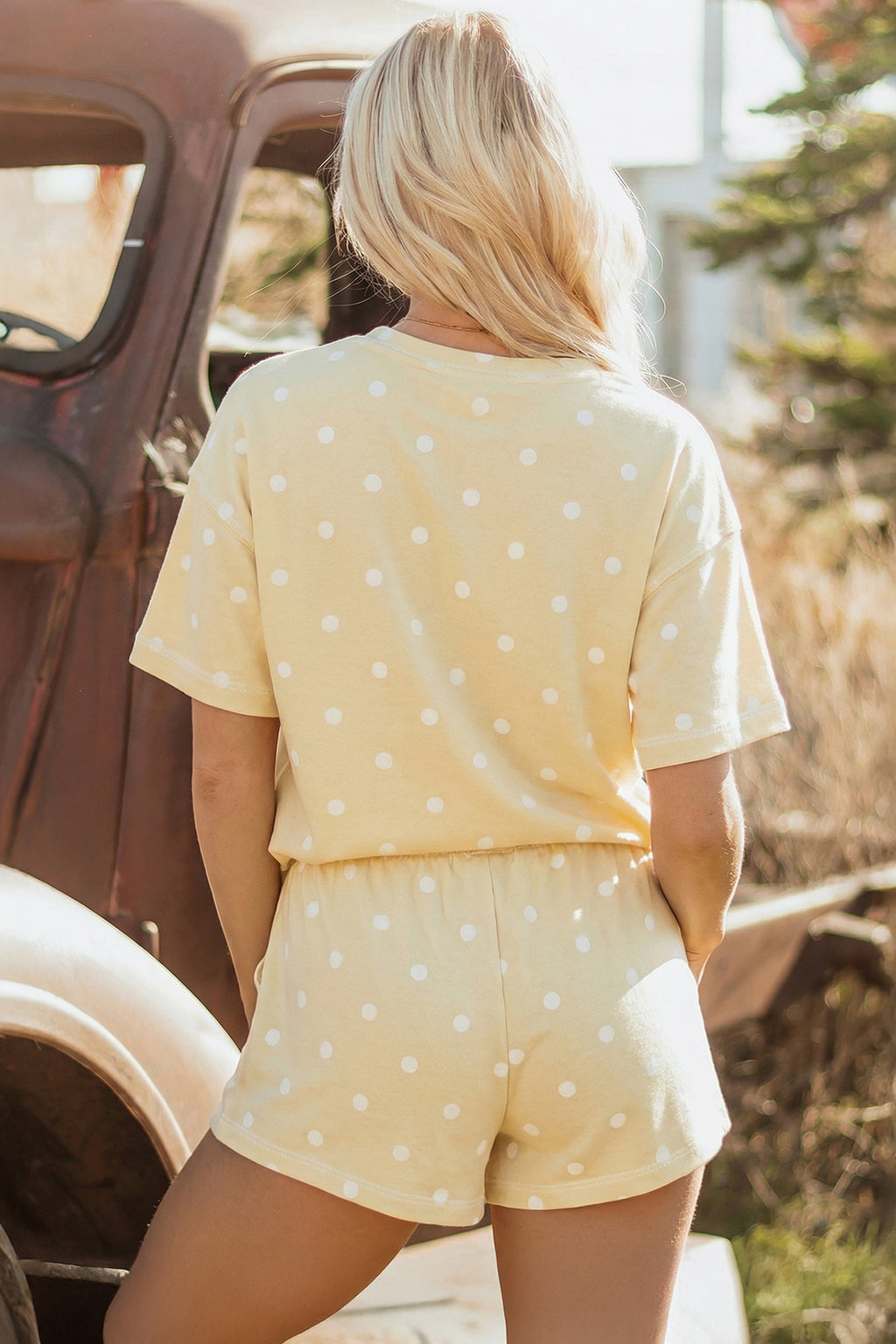 LivelyLooks White Polka Dot Exposed Seam Loose Tee & Drawstring Shorts Set S-XL women's fashion