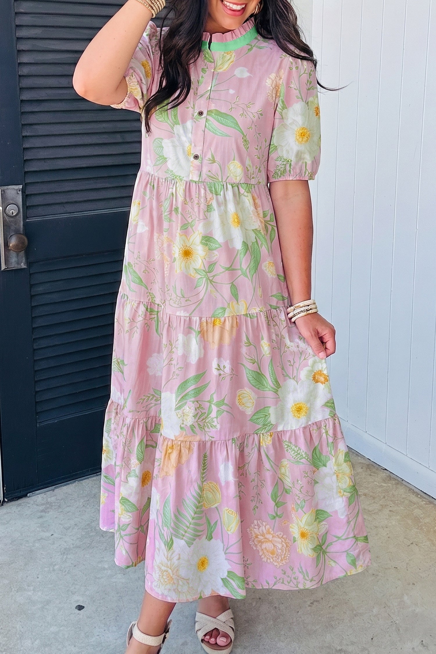 Pink Floral Tiered Maxi Dress High Waist Puff Sleeve Pockets Women S-XL