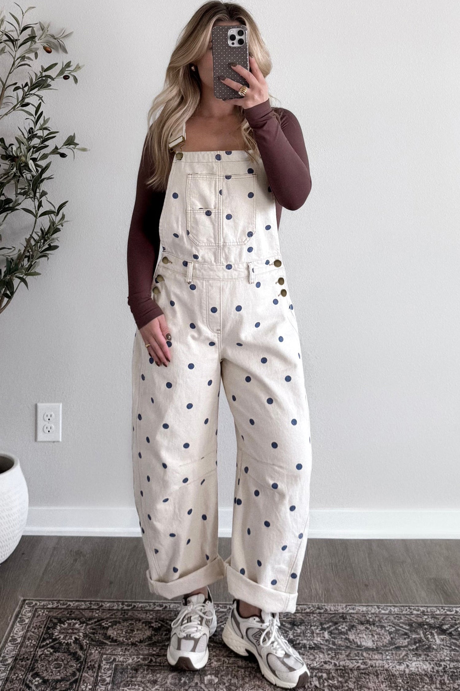 Polka Dot Denim Barrel Overalls Jumpsuit | Cream Beige Pink UK 8–22