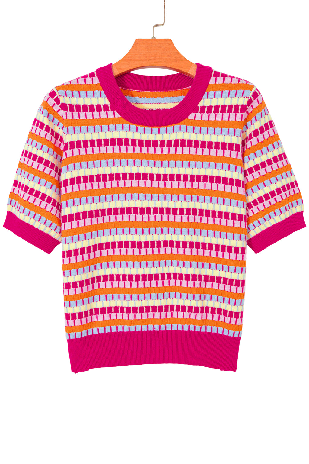 Women's Rose Red Abstract Stripe Knit Short Sleeve Sweater at LivelyLooks