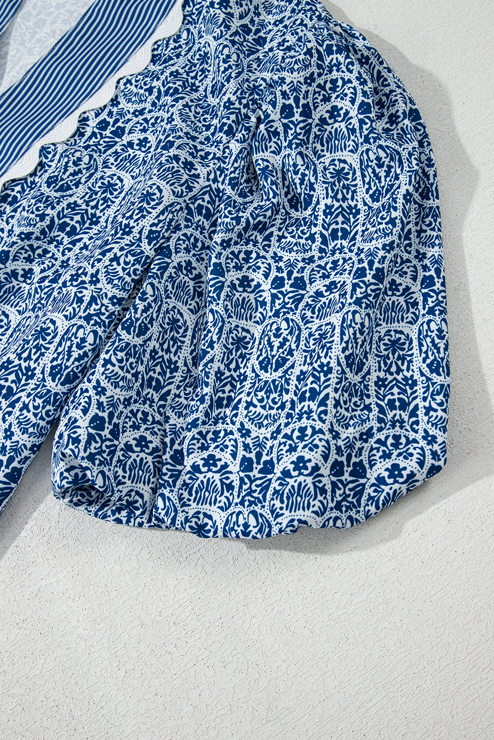Blue Floral Striped Contrast Ric-Rac Trim Puff Sleeve Top