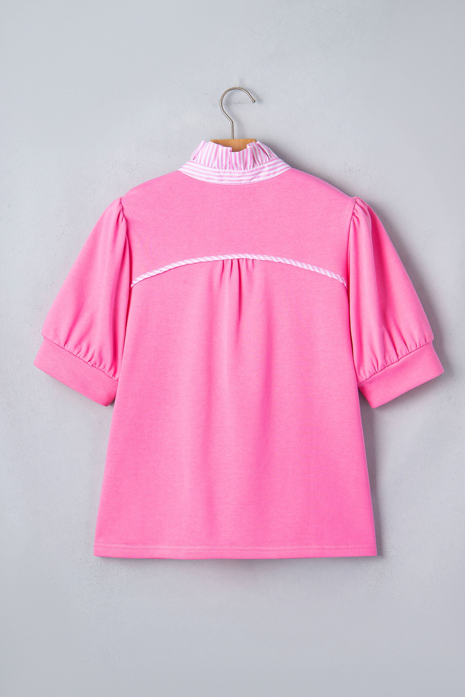 Women's Fiery Red Striped Frilled Collar Puff Sleeve Blouse at LivelyLooks