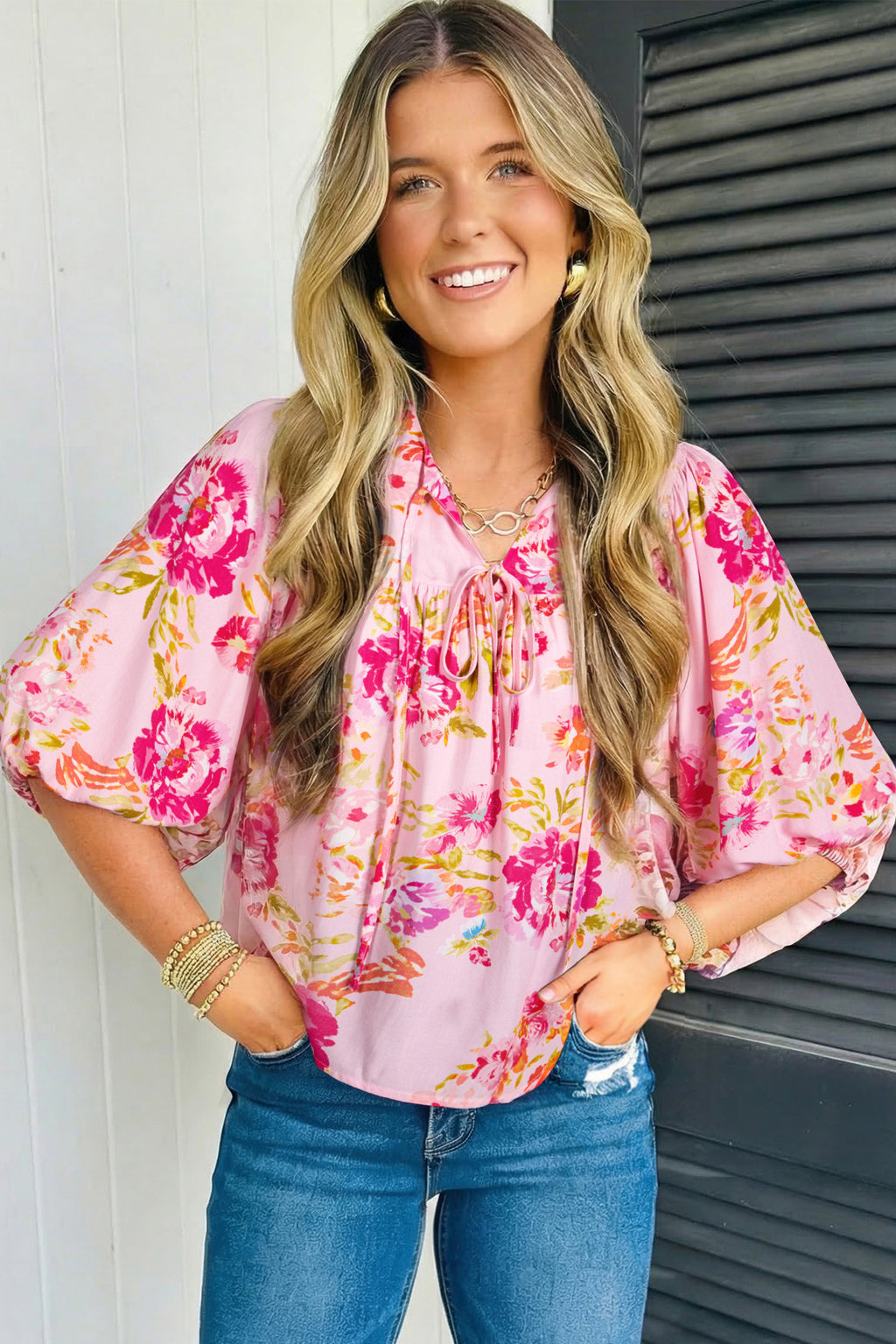 LivelyLooks Pink Floral Print Tie Neck Puffy Half Sleeve Blouse women's fashion
