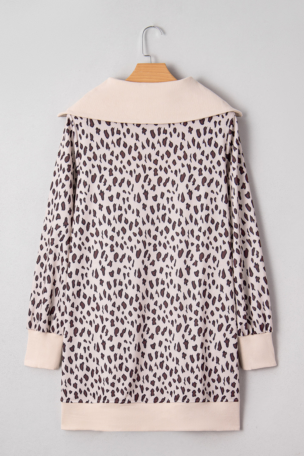 Women's Khaki Leopard Print Zip up Collar Patchwork Shift Mini Dress at LivelyLooks