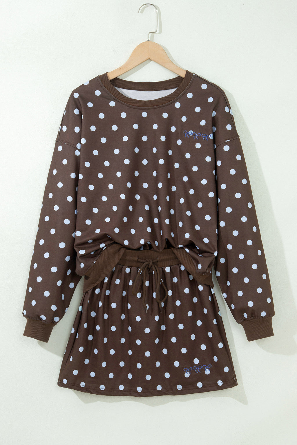 Brown Polka Dot Long Sleeve Pullover Bow Detail Skort Set | UK 8–22