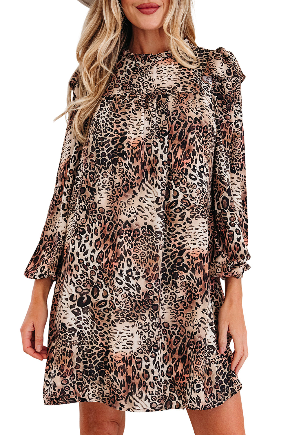 Women's Brown Leopard Ruffled Detail Long Sleeve Loose Mini Dress at LivelyLooks