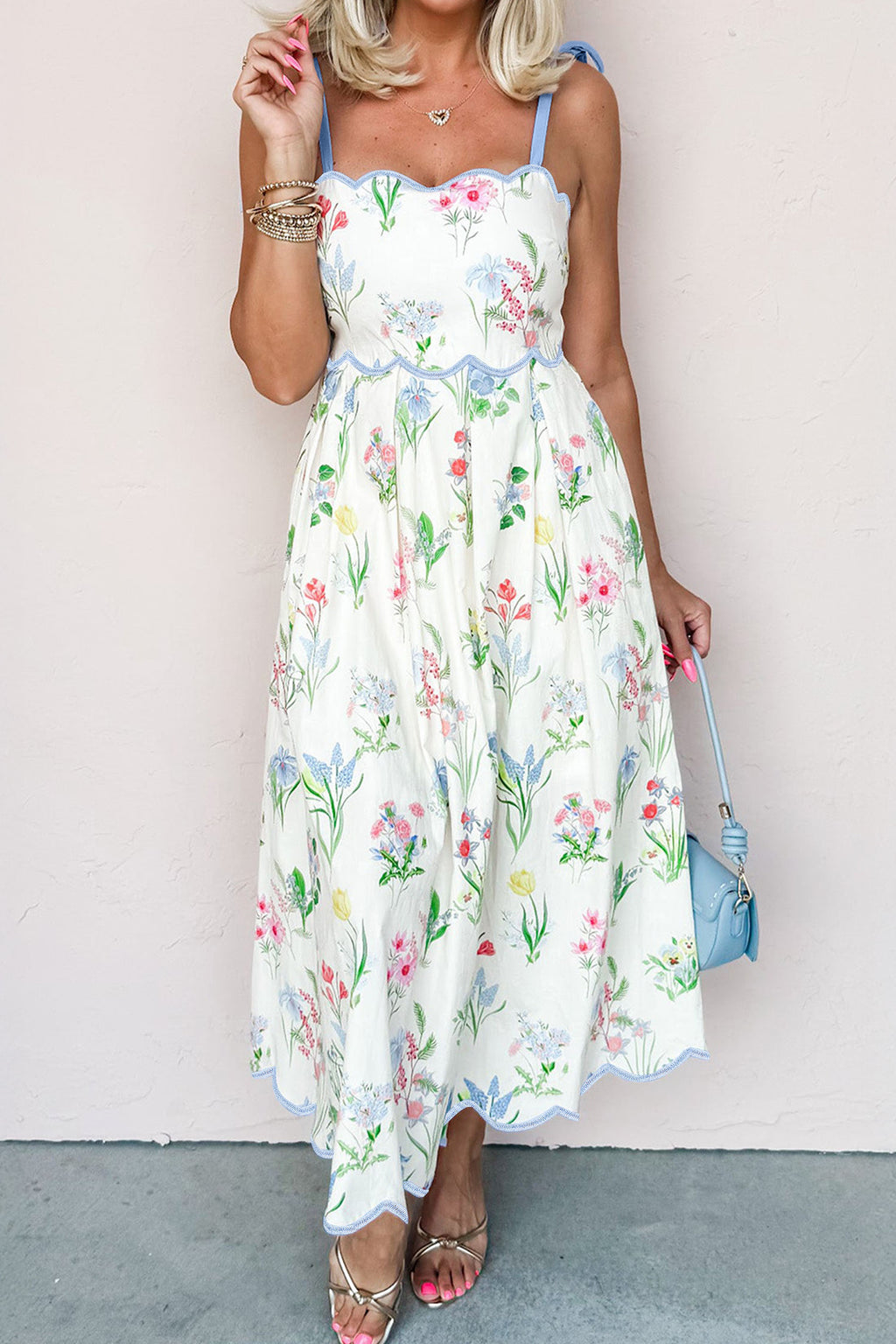 Floral Midi Dress Contrast Trim Self-Tie Straps High Waist Beige Pink Yellow