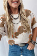White Western Horse Print Sweater Short Puff Sleeve Women S-XL