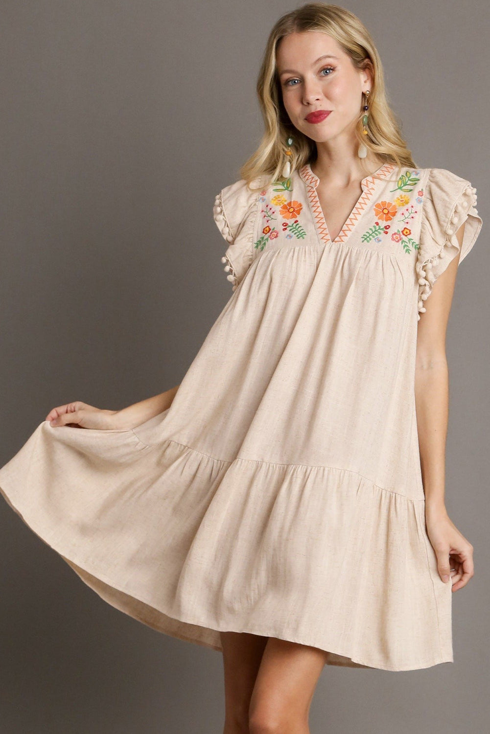 Shop Floral Embroidery Pom Pom Ruffle Sleeve Split Neck Mini Dress | S-XL at LivelyLooks