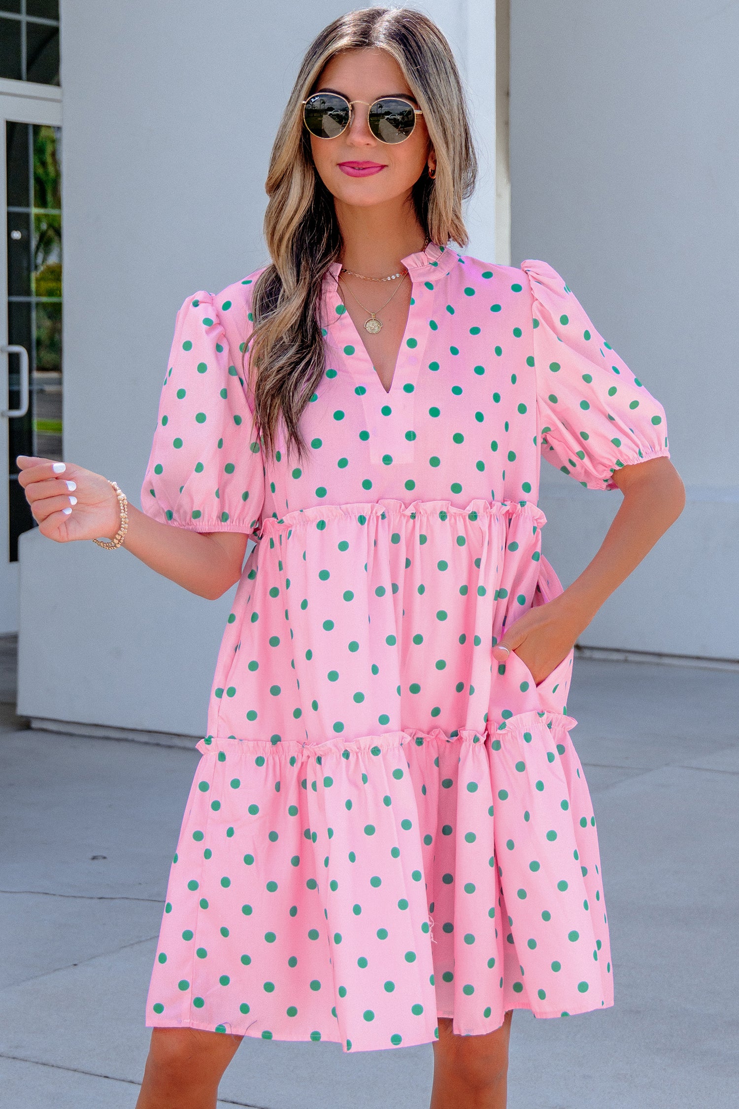 Pink Polka Dot Print V Neck Short Sleeve Tiered Mini Dress | UK 8–22
