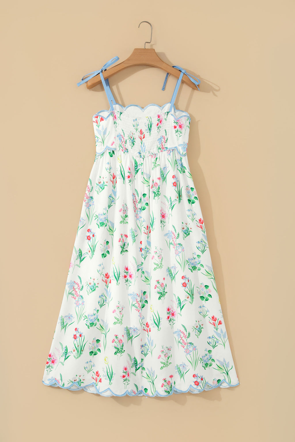 Floral Midi Dress Contrast Trim Self-Tie Straps High Waist Beige Pink Yellow