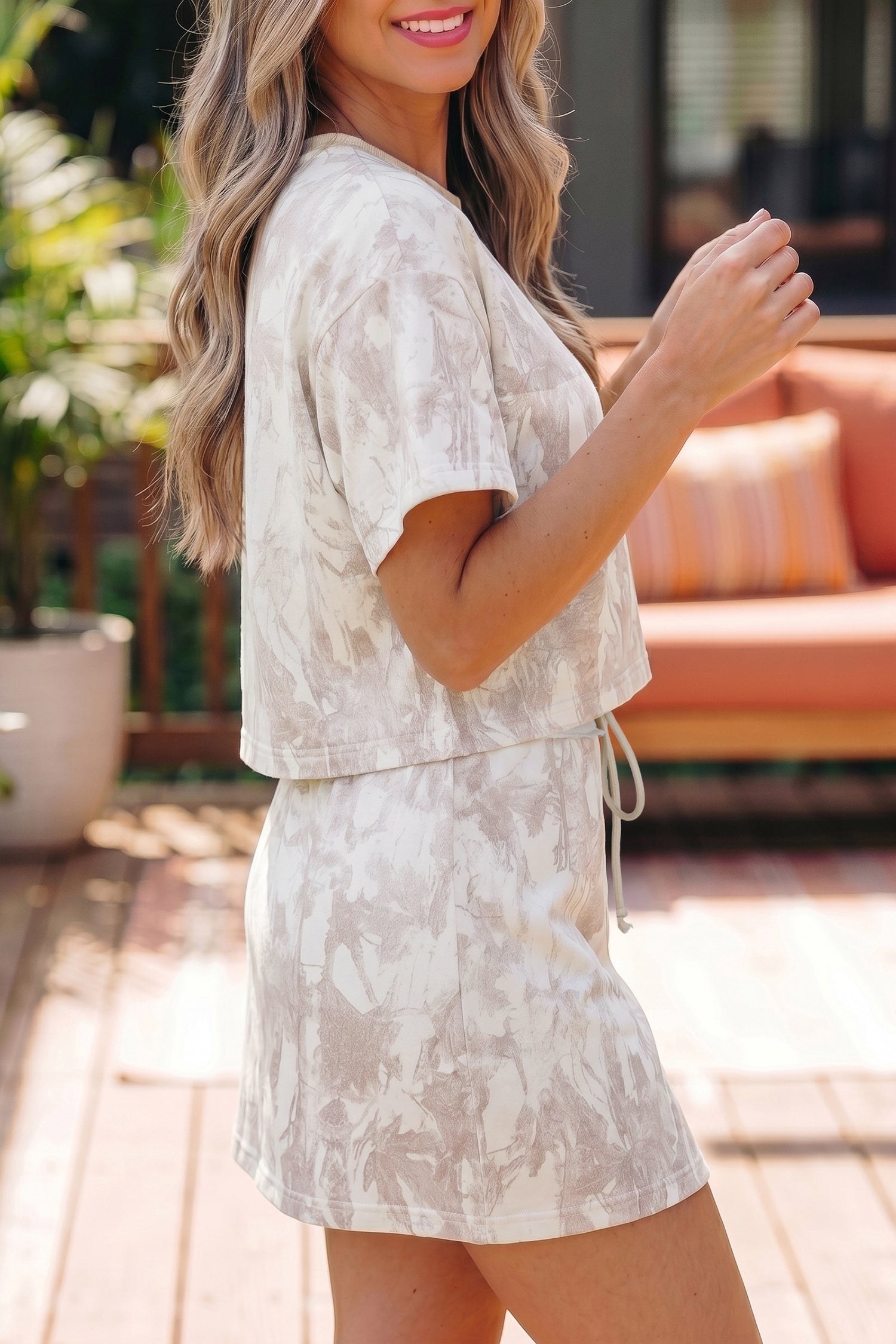 Grey Camo Print Raw Edge Cropped Top & Mini Skirt Co-ord Set