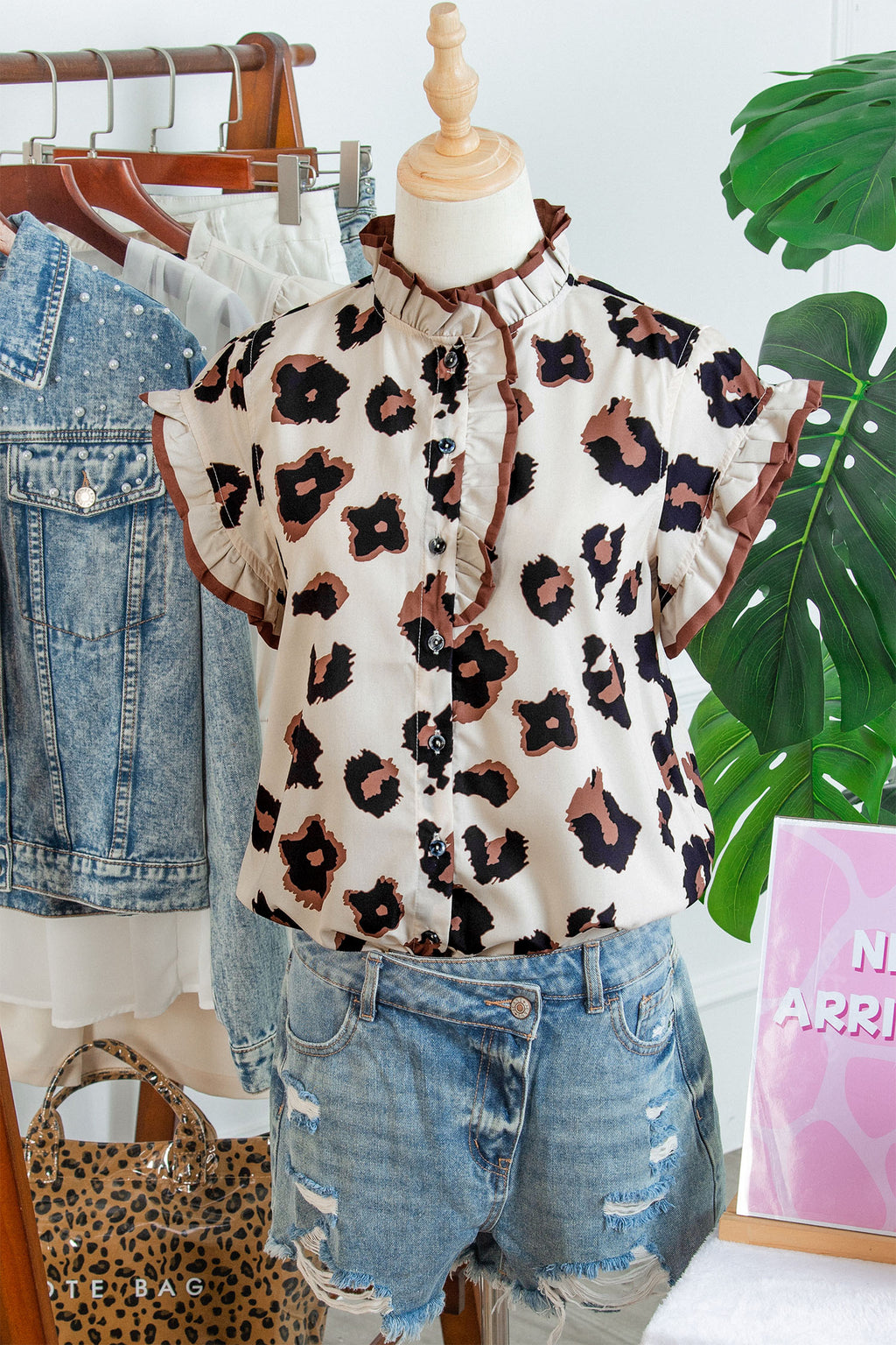 Khaki Leopard Printed Ruffle Sleeve Summer Blouse Animal Pattern Holiday Top