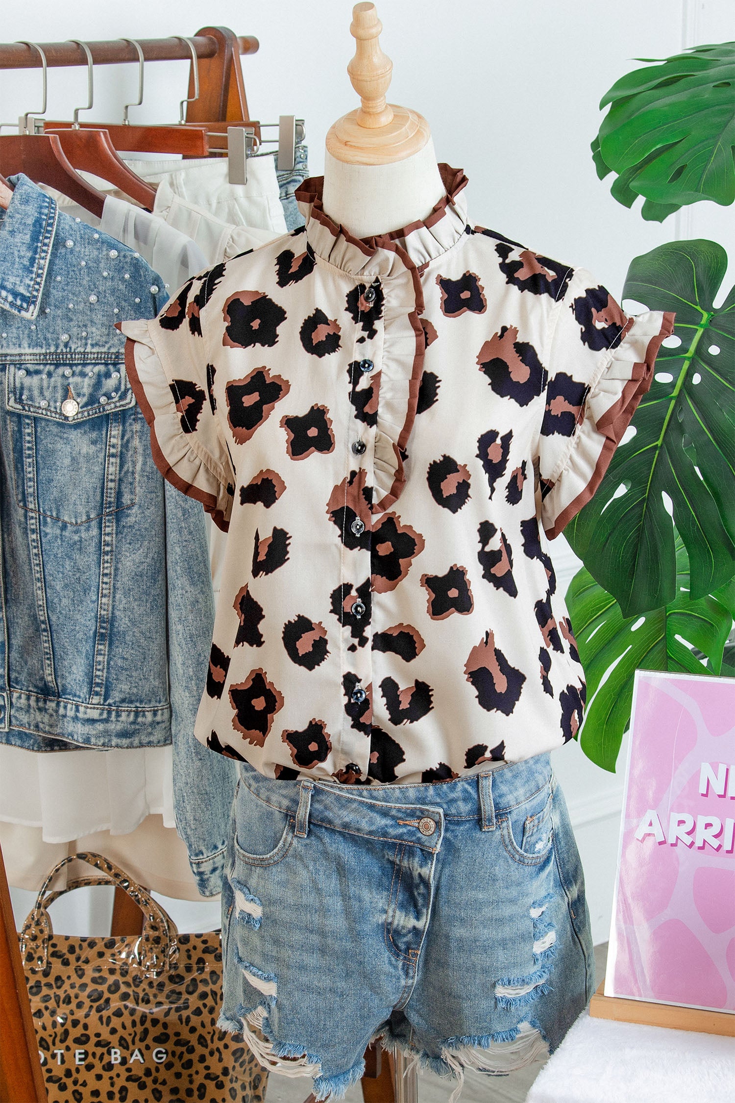 Khaki Leopard Printed Ruffle Sleeve Summer Blouse Animal Pattern Holiday Top