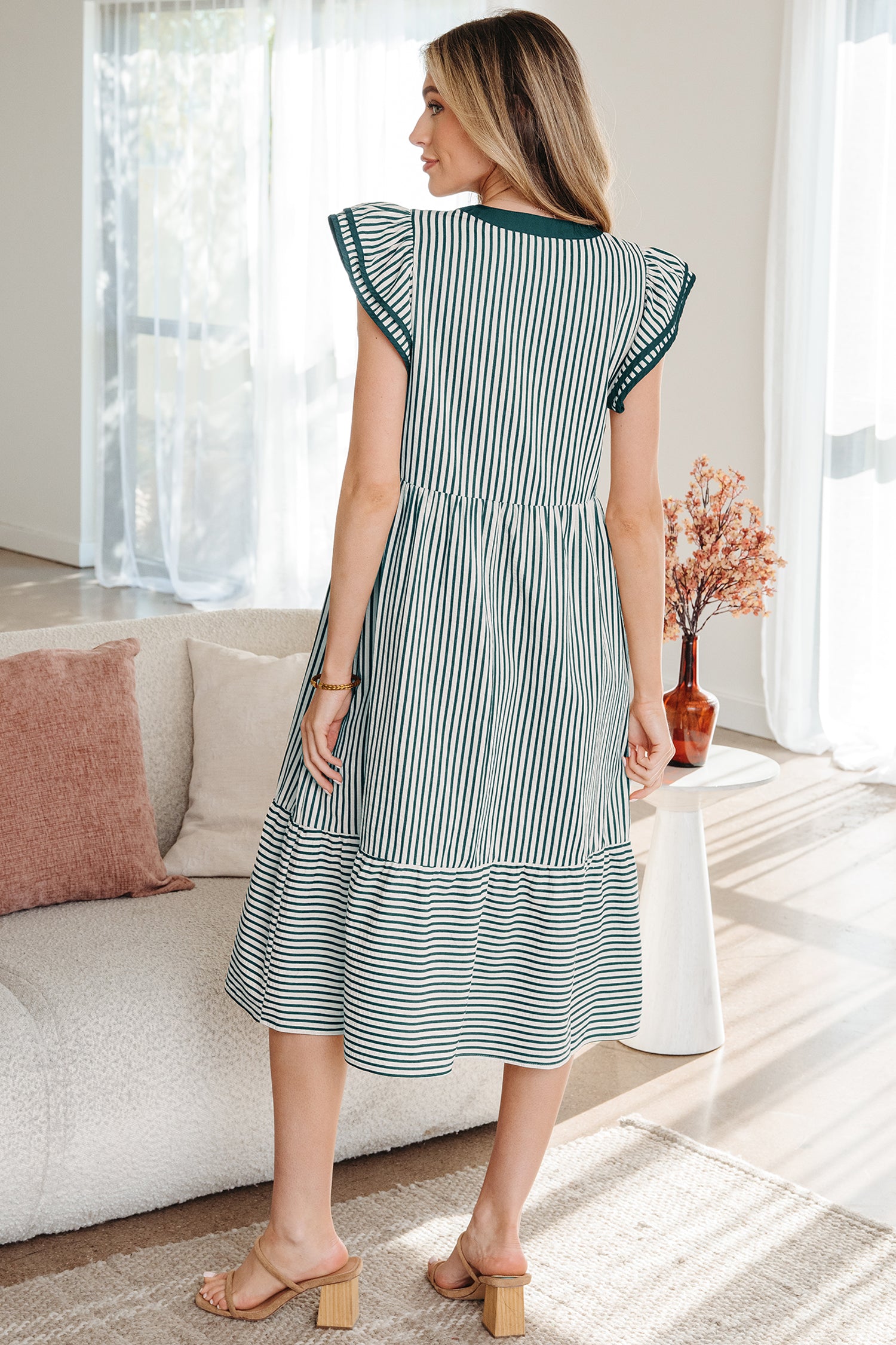 Stripe Double Ruffle Sleeve V-Neck Midi Dress | Green, Brown & Black