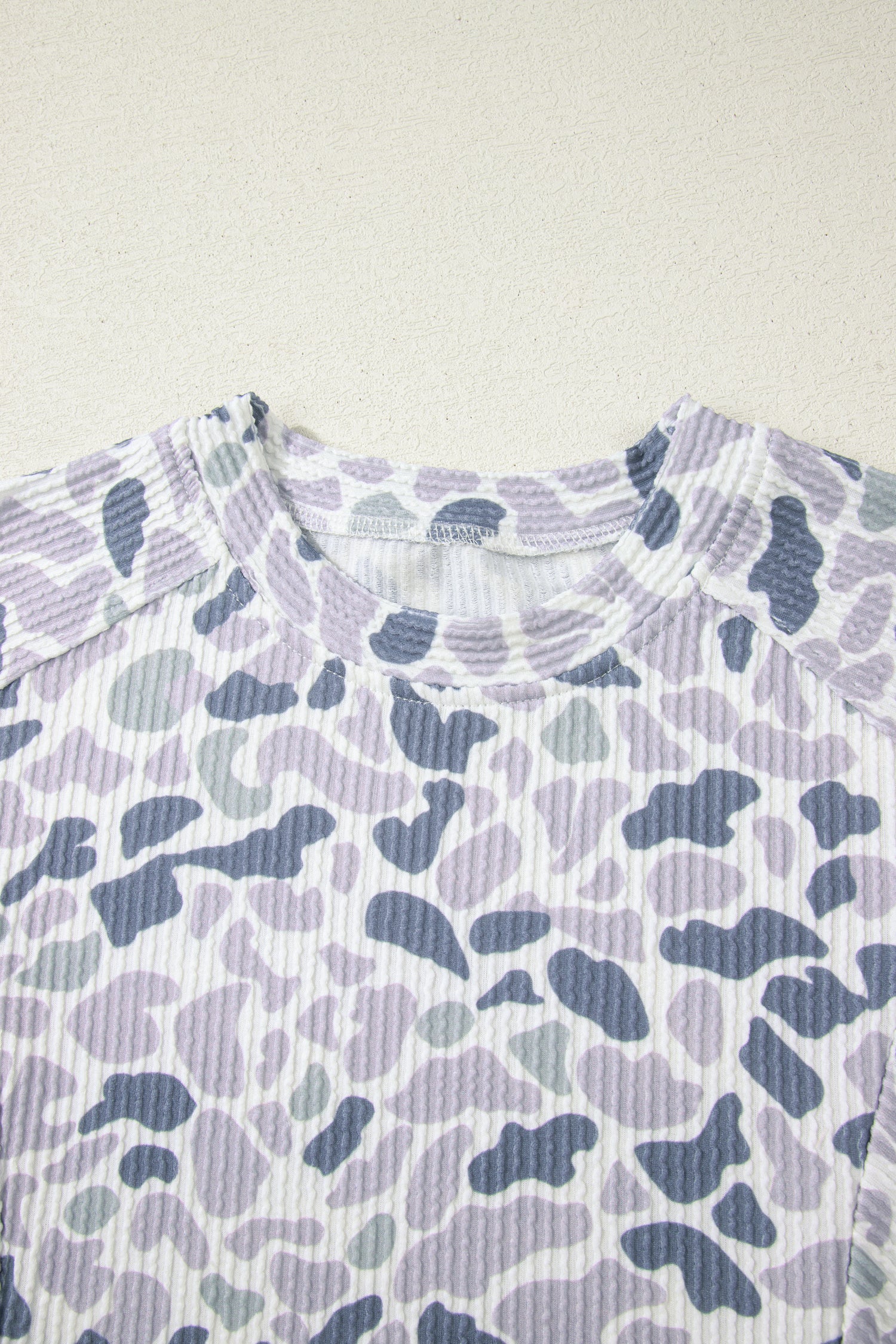 Beige Camouflage Print Twisted Rib Loose Tee & Drawstring Pants Set