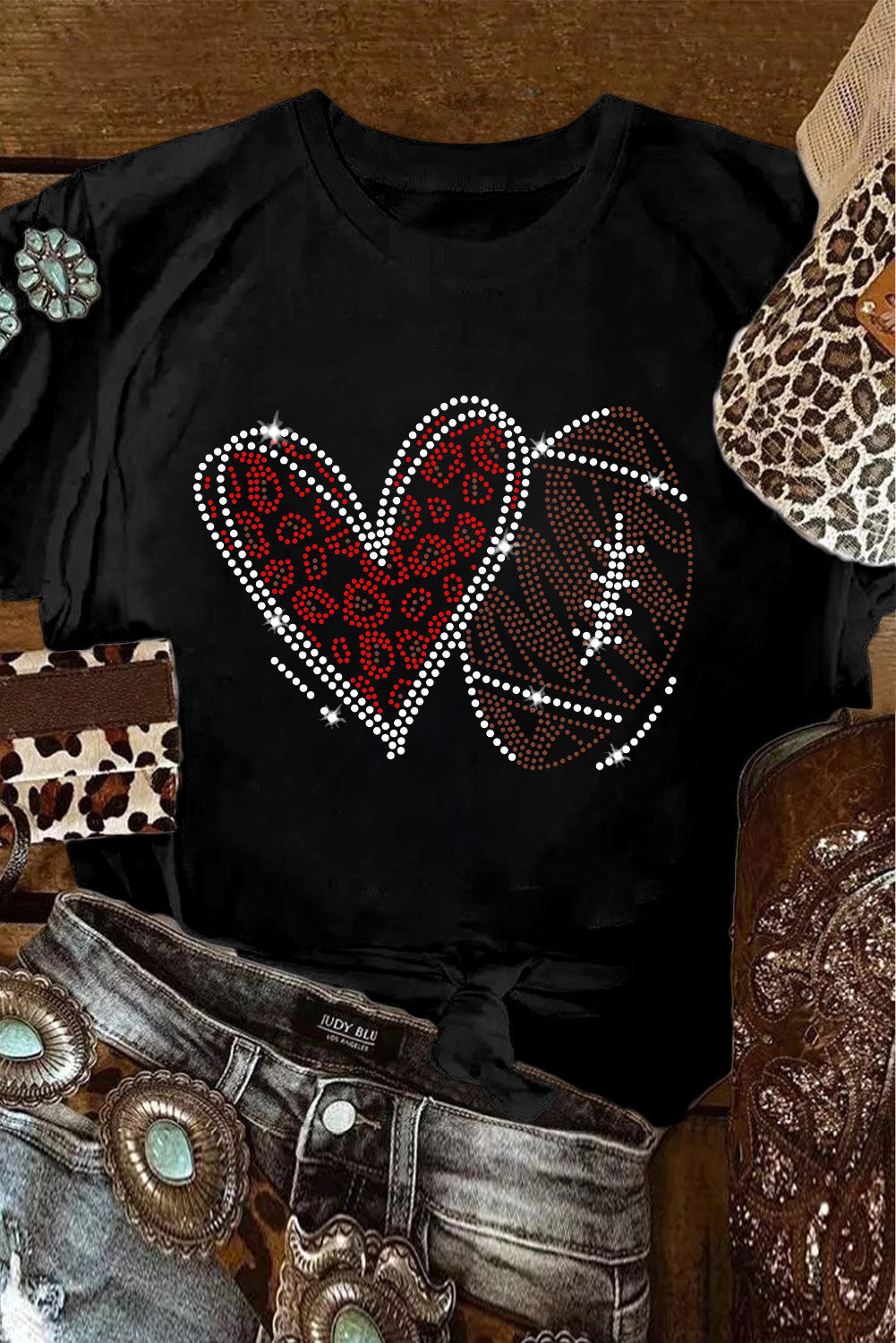 LivelyLooks Black Rhinestone Rugby Football Heart Shape Graphic T Shirt Sparkle Gem Tee Top women's fashion