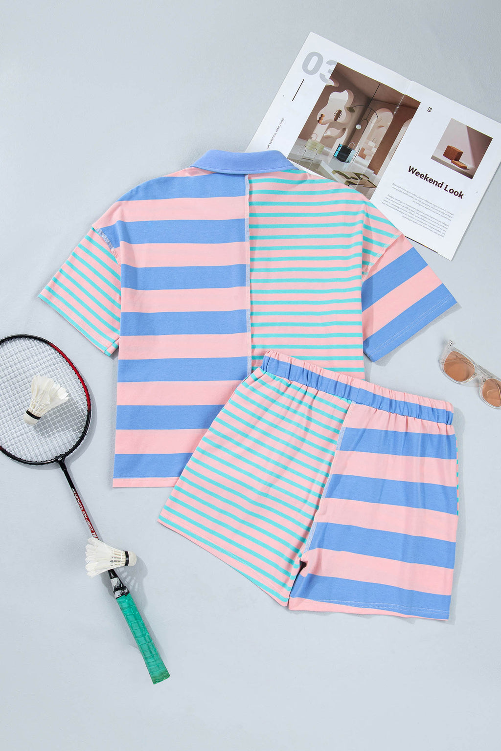 Striped Patchwork Exposed Seam Loose Short Set – Pink