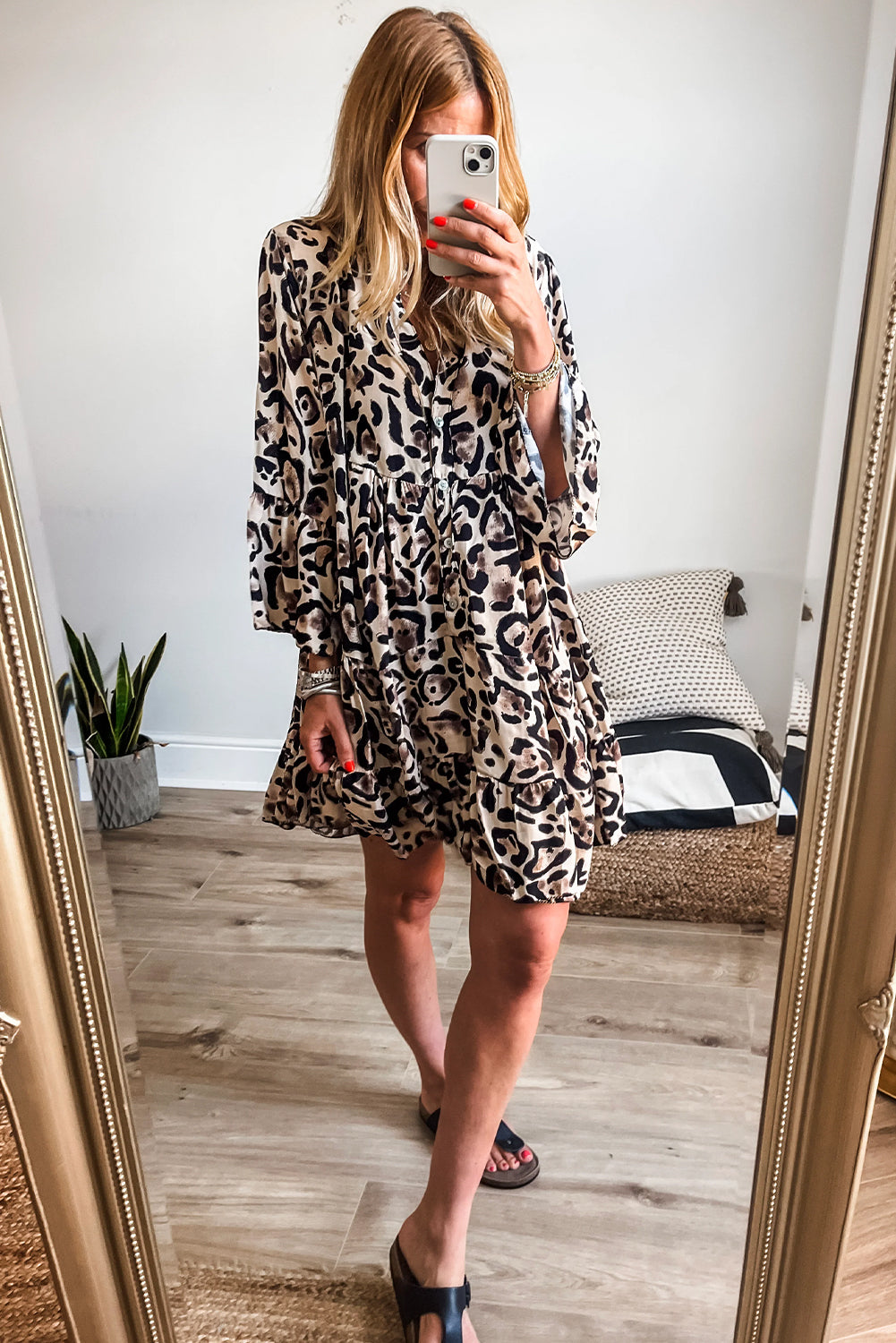 Women's Rose Leopard Print Buttoned Front 3/4 Sleeve Tiered Ruffle Hem Dress at LivelyLooks