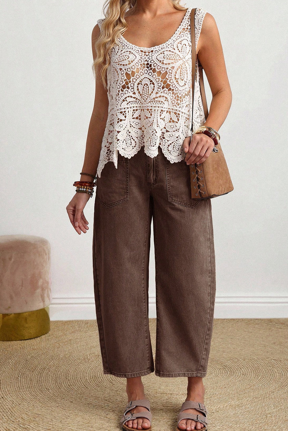 Women's Brown Barrel Leg Jeans Square Patch Pocket Ankle Length UK 4-16 at LivelyLooks