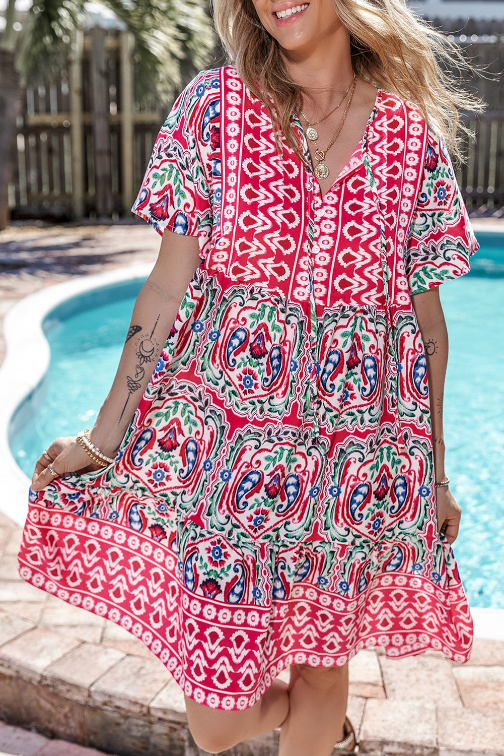 LivelyLooks Pink Boho Print Tie Neck Ruffle Hem Short Dress S-3XL women's fashion