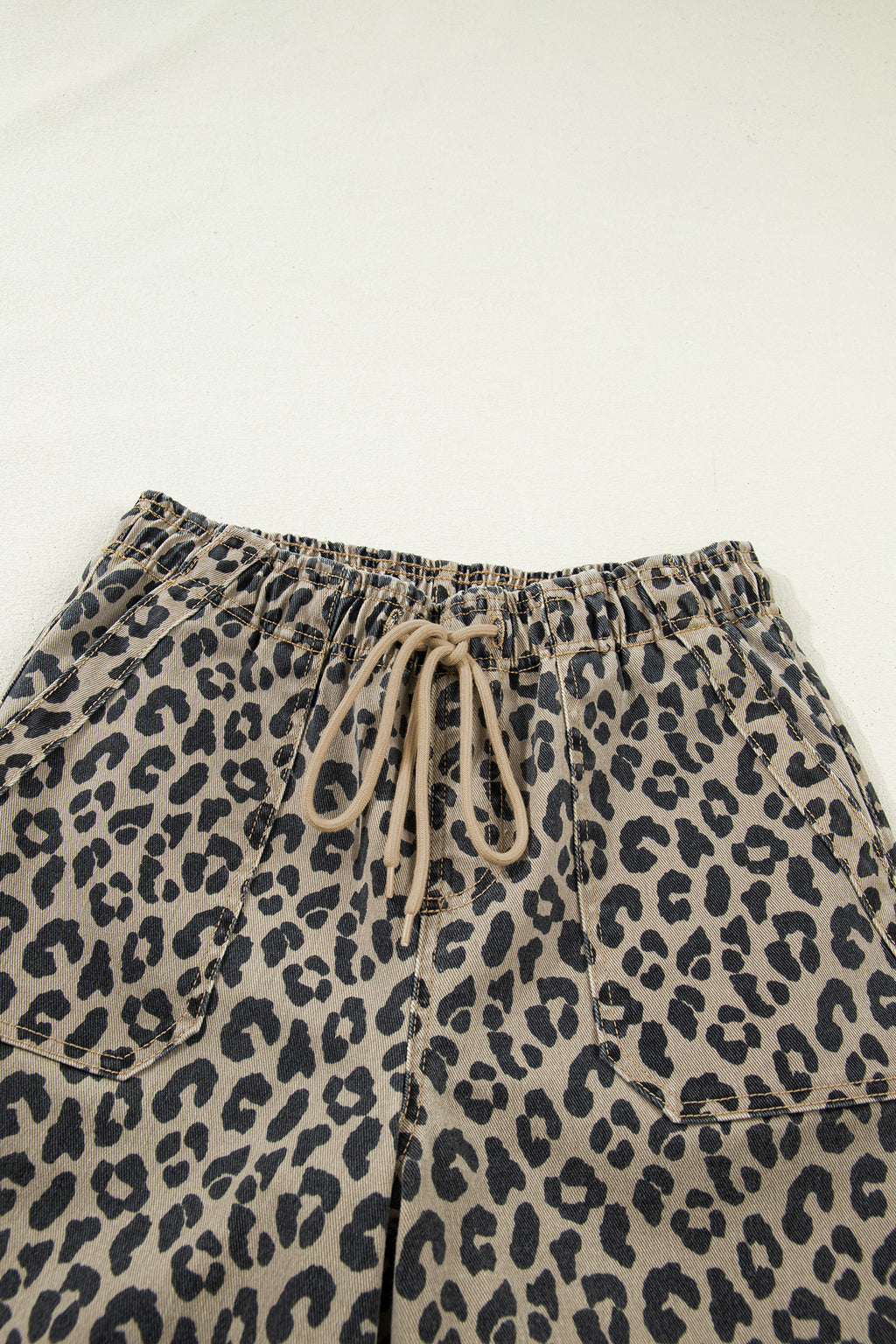 Women's Khaki Leopard Print Loose Denim Jeans Drawstring Elastic Waist UK 4-16