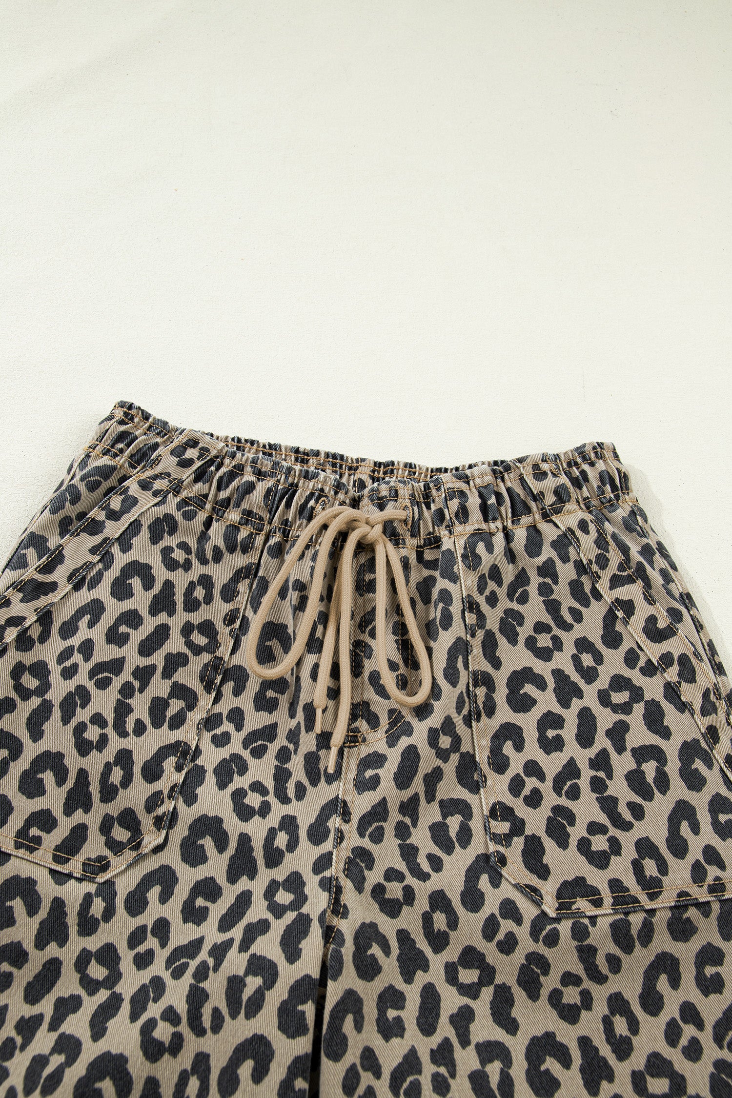 Women's Khaki Leopard Print Loose Denim Jeans Drawstring Elastic Waist UK 4-16