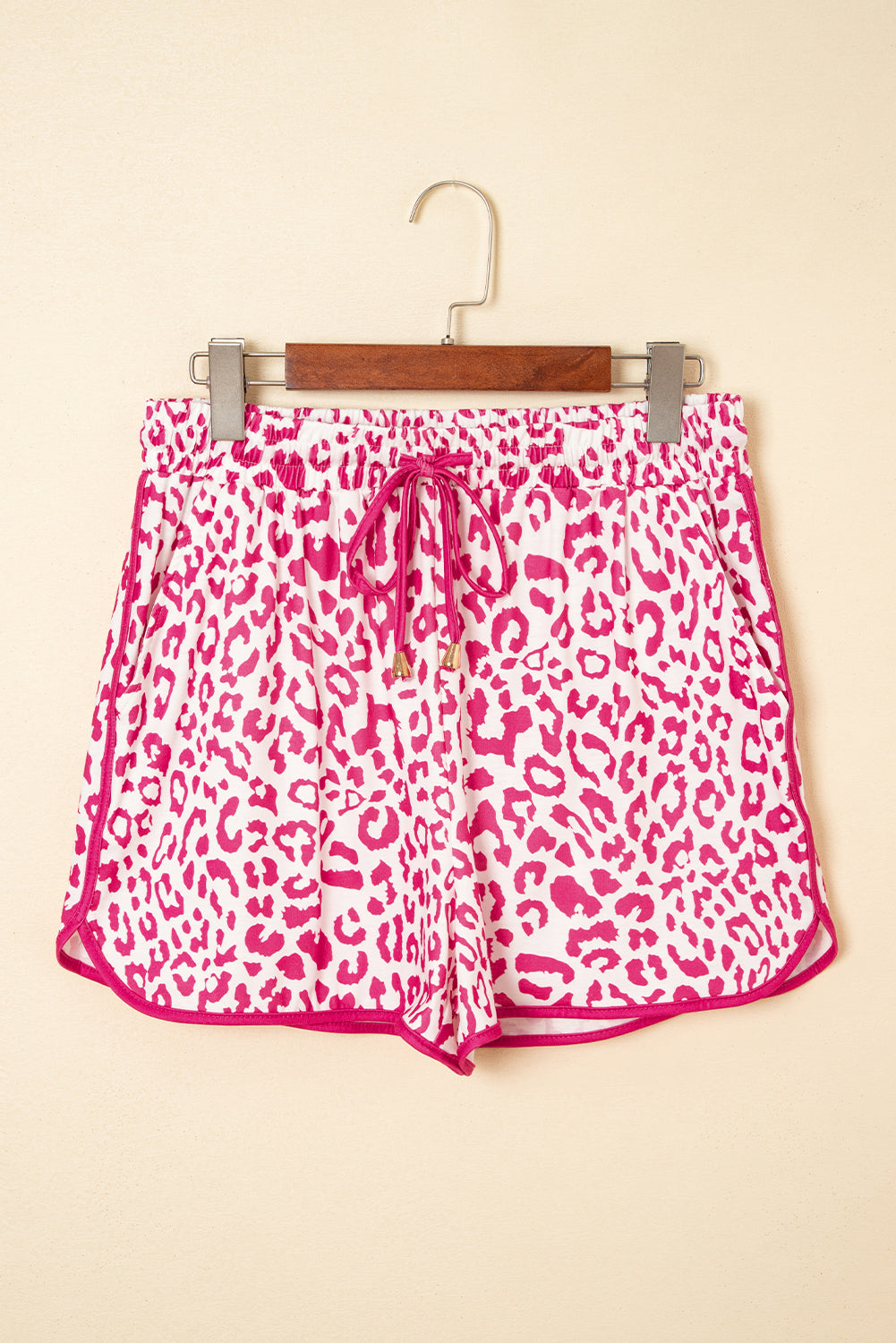Women's Pink Leopard Elastic Waistband Lace up Contrast Trim Casual Shorts at LivelyLooks