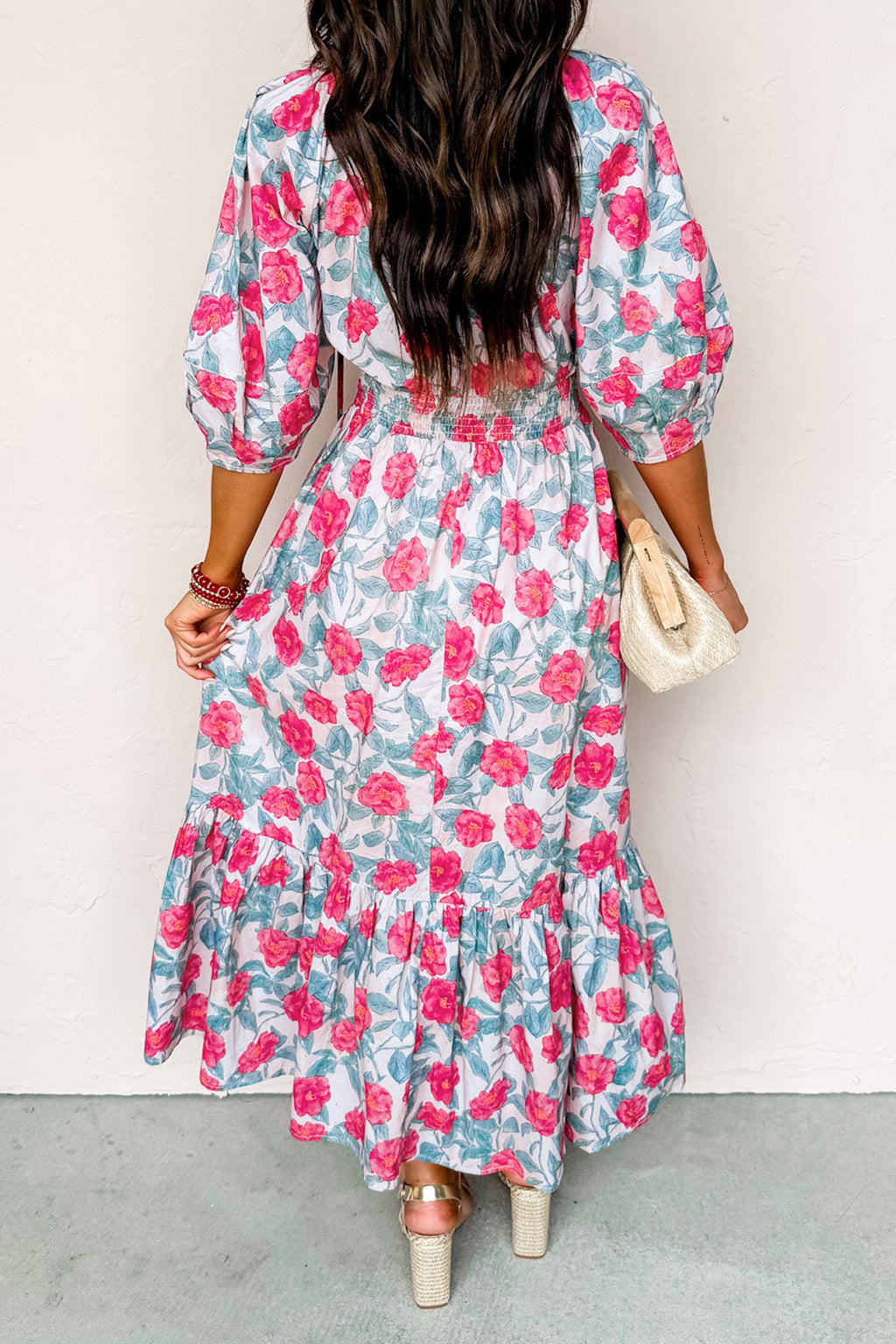 Women's Red Elegant Floral Puff Sleeve Midi Dress at LivelyLooks
